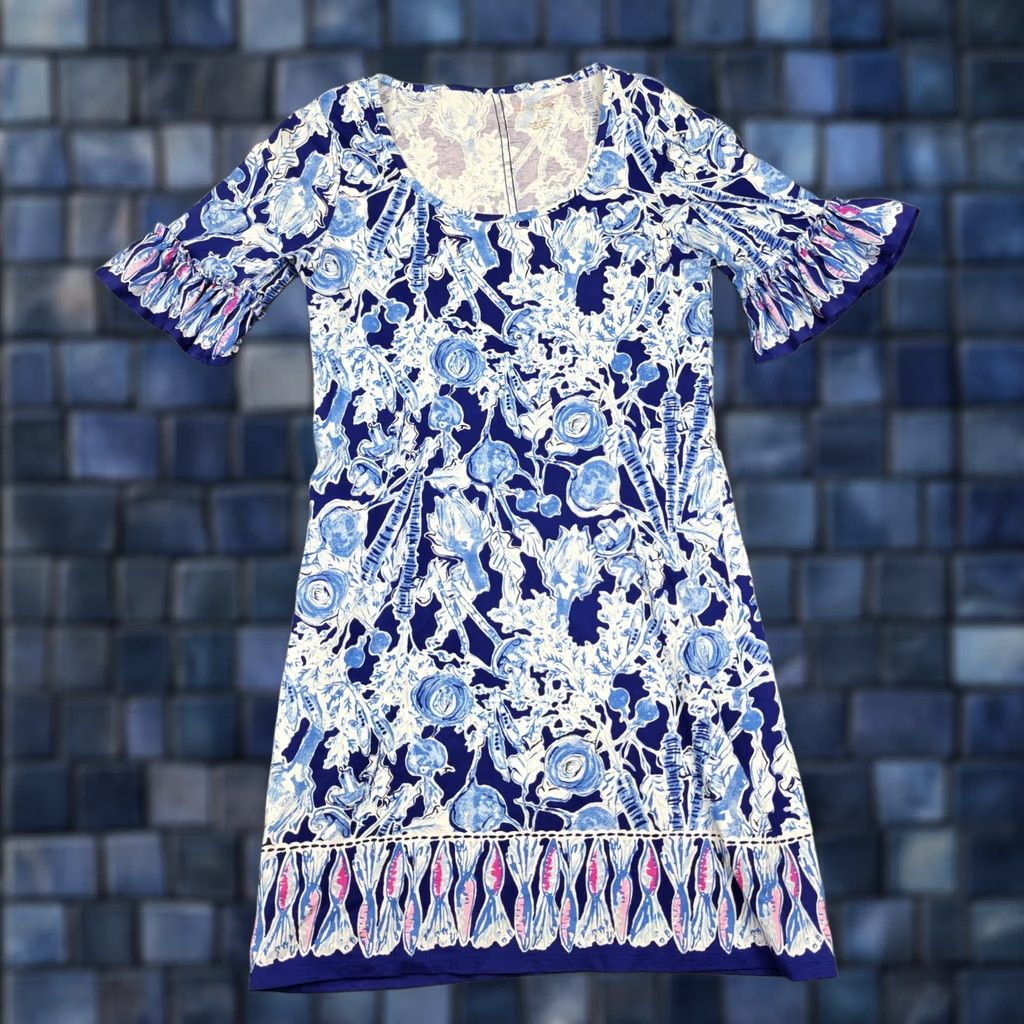 Lilly Pulitzer Lilly Pulitzer Dress Womens S Blue Floral Jersey Ruffle Bell Sleeve Shift Size S / US 4 / IT 40 - 1 Thumbnail