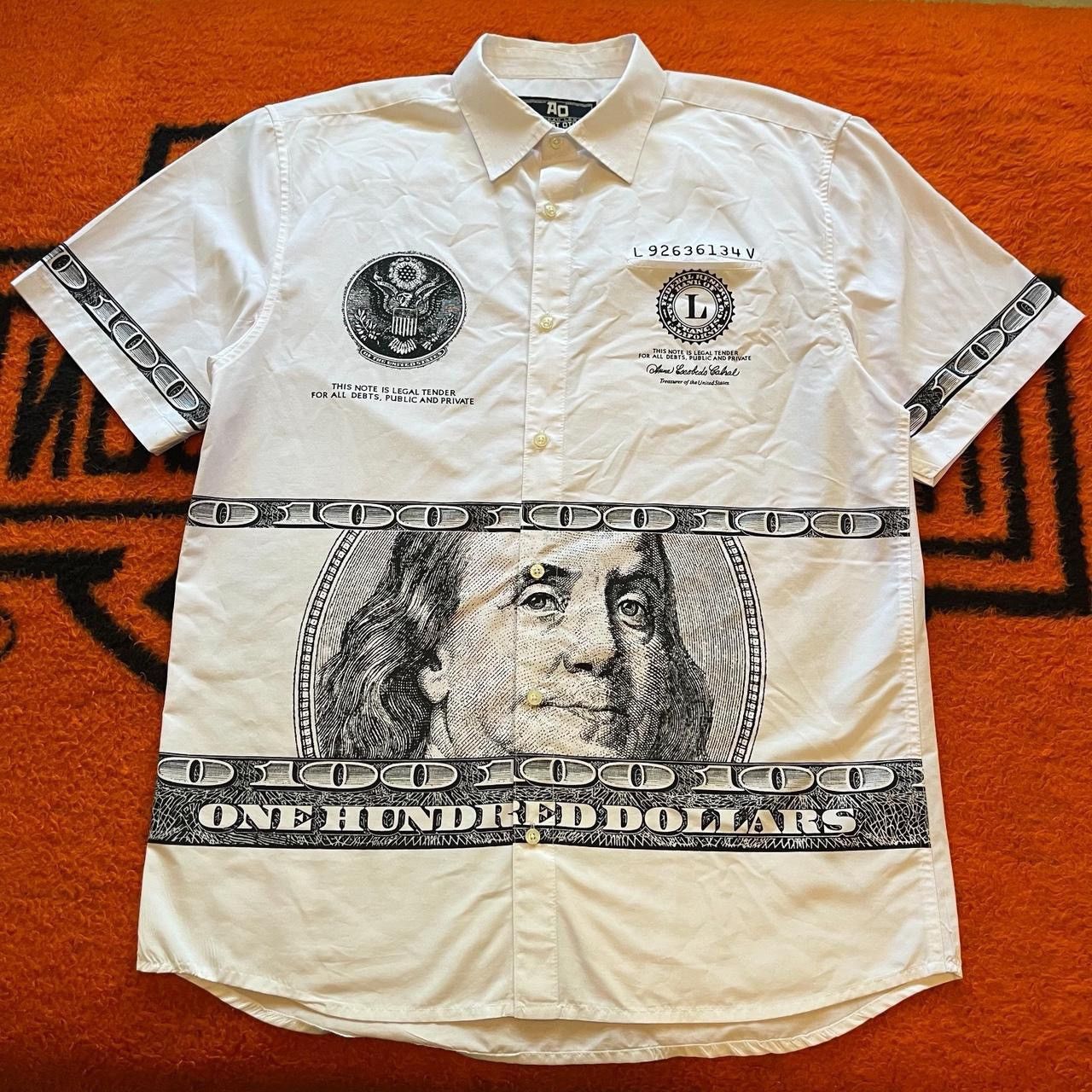 Band Tees × Vintage Vintage Y2K 100 Dollar Bill White Collard Button Up Shirt Size US XXL / EU 58 / 5 - 1 Thumbnail