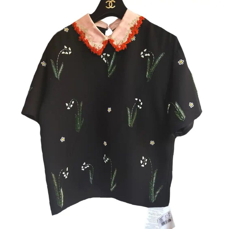 Valentino Valentino Black Wool Short Sleeve Embroidered Shirt 0089 Size M / US 6-8 / IT 42-44 - 1 Thumbnail