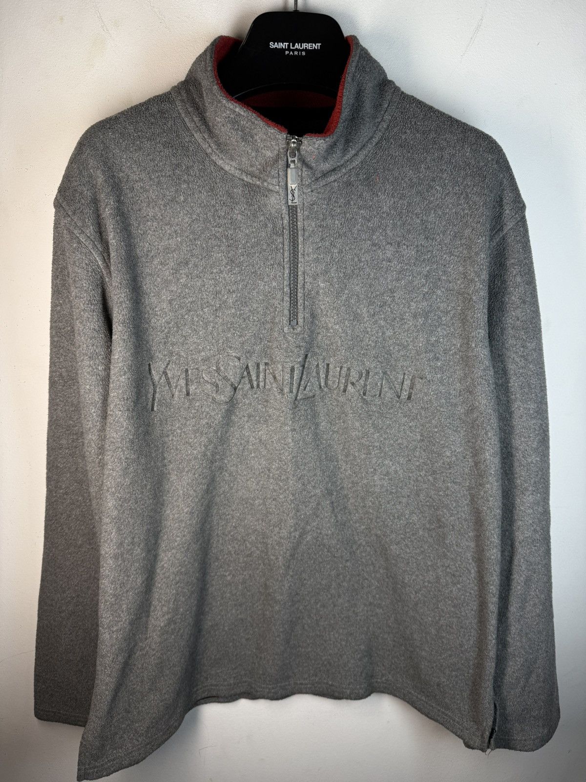 Yves Saint Laurent Fleece YSL Sweatshirt 1/4 Quarter Zip Big Logo Grey Vintage Size US M / EU 48-50 / 2 - 2 Thumbnail
