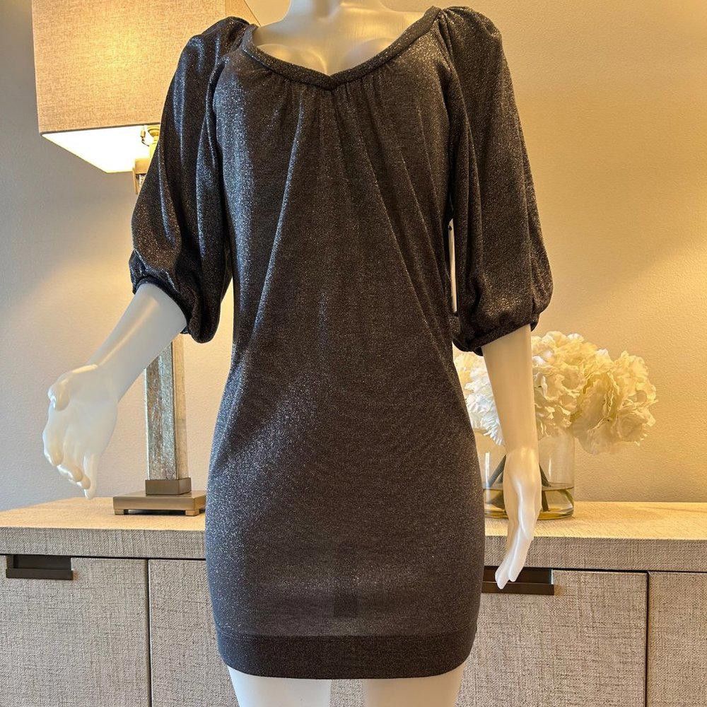 Designer Karlie Silver Metallic Mini Dress with Puffed Sleeves Size S / US 4 / IT 40 - 2 Thumbnail