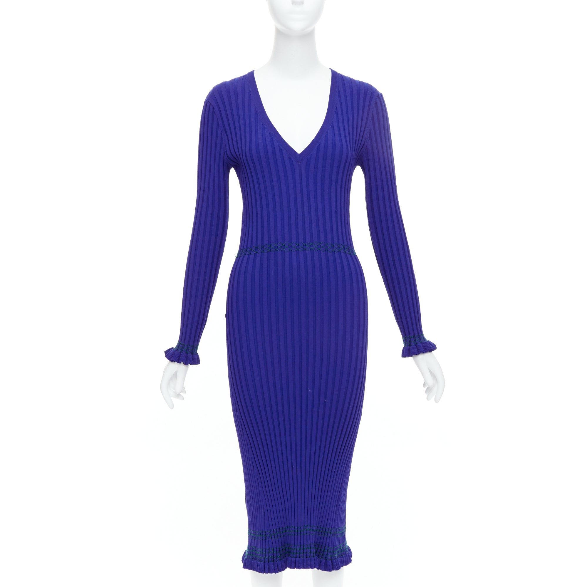 Altuzarra ALTUZARRA cobalt blue green topstitch ribbed bodycon V neck dress L Size M / US 6-8 / IT 42-44 - 1 Thumbnail