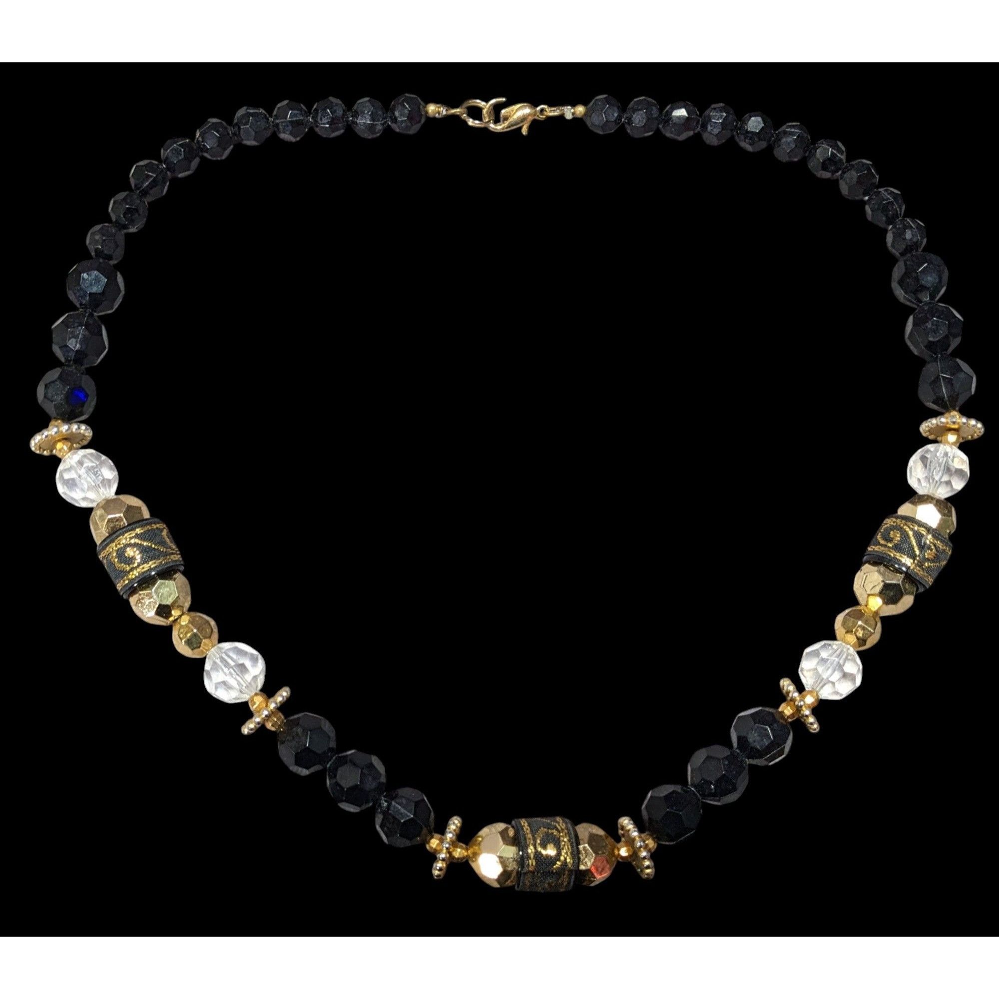 Other Chunky Glam Black And Gold Tone Beaded Necklace With Ribbon Size ONE SIZE - 1 Thumbnail