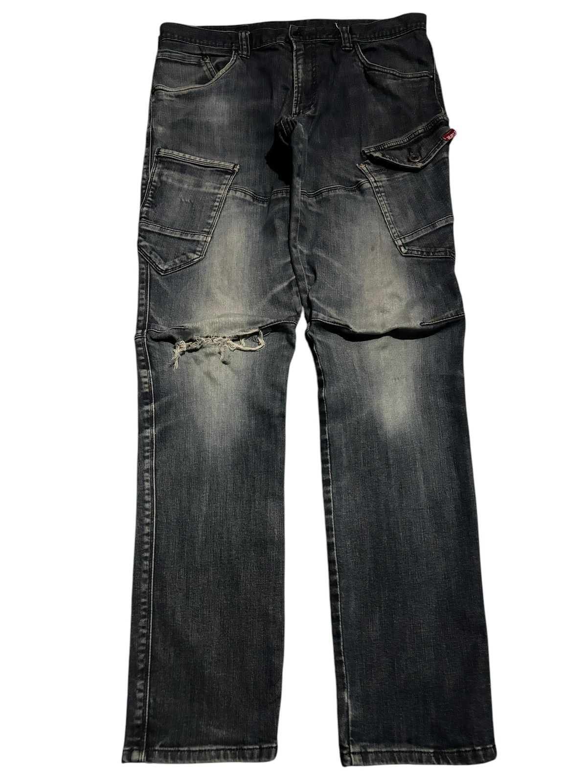 Burtle Multi Pocket Distressed Cargo Jeans Denim Denim