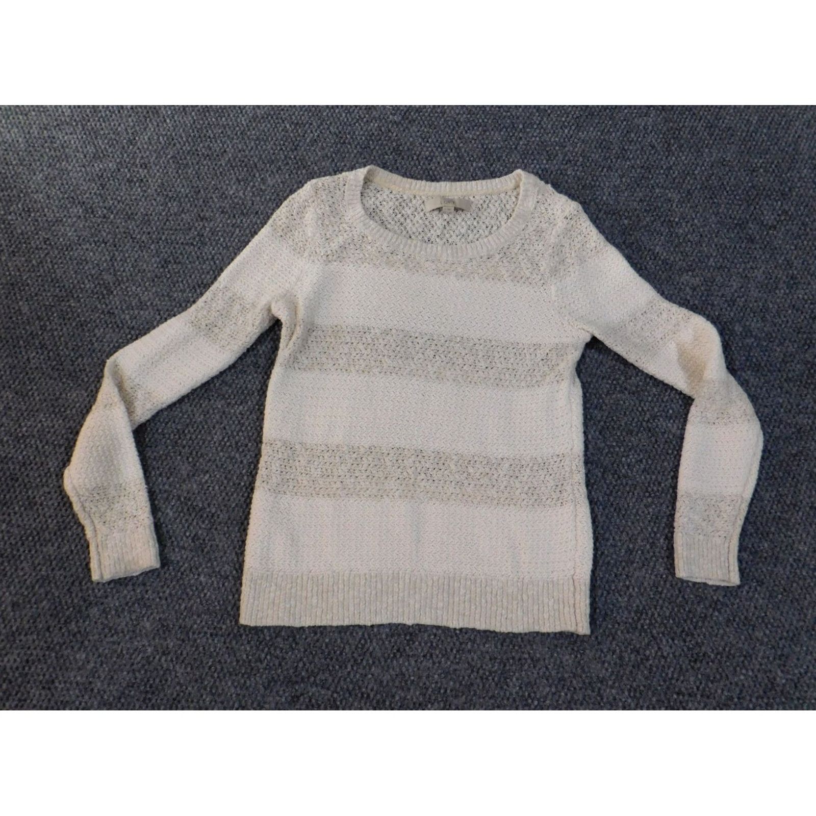 Loft LOFT Sweater Pullover Women Medium Beige Stripe Knit Cotton Acrylic Rib Knit Round Neck Long Sleeve Regular Fit Vintage No Size M / US 6-8 / IT 42-44 - 2 Thumbnail