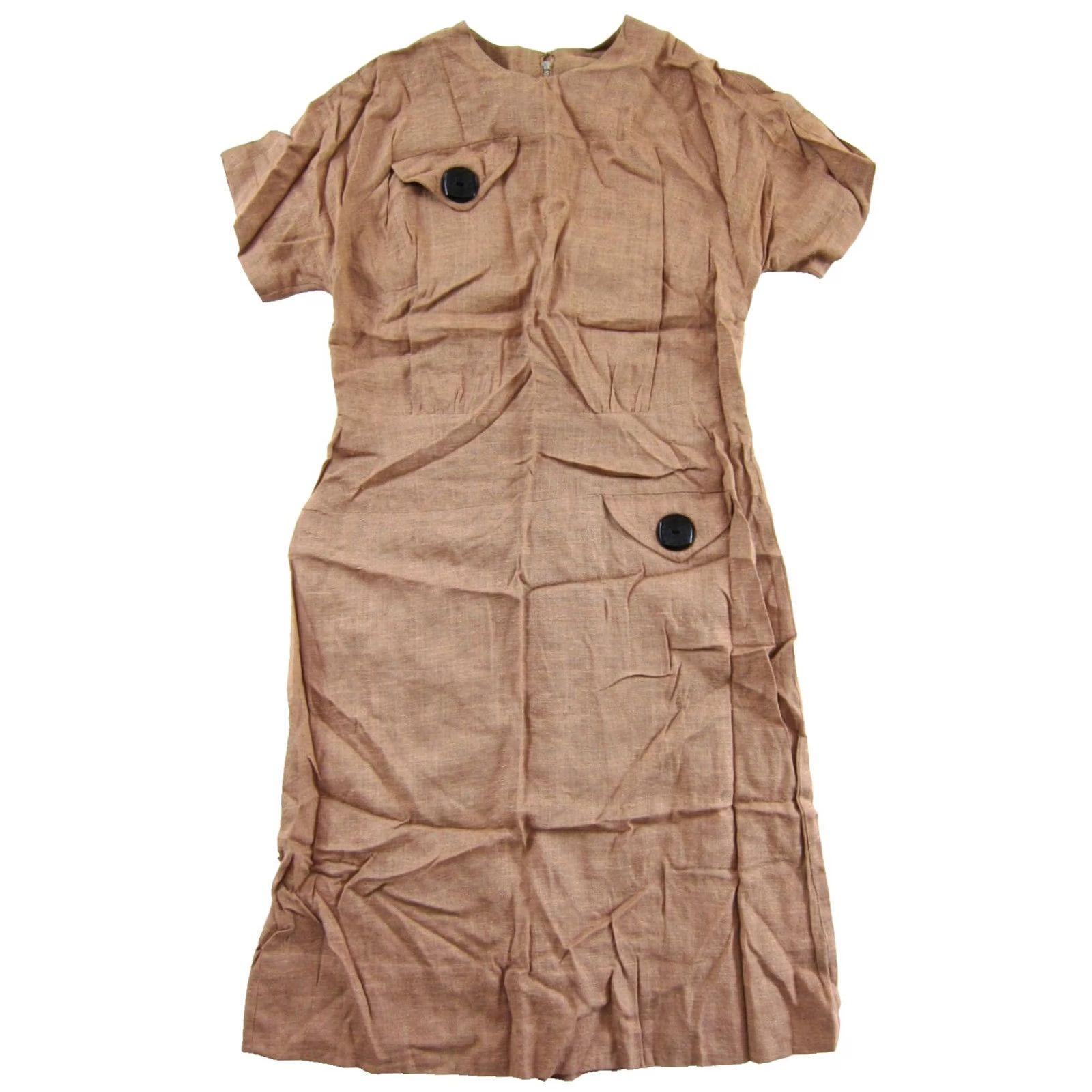 Vintage VINTAGE Handmade Dress - Sheath, A-Line, Kaftan - Short Sleeve - Brown - 1960s - Knee Length - Medium Size 32" / US 10 / IT 46 - 2 Thumbnail