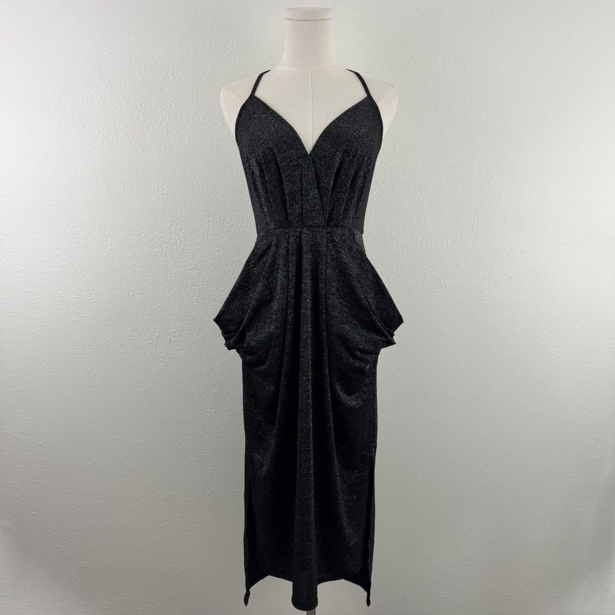 BCBGENERATION Black Metallic Glitter Halter Midi Dress