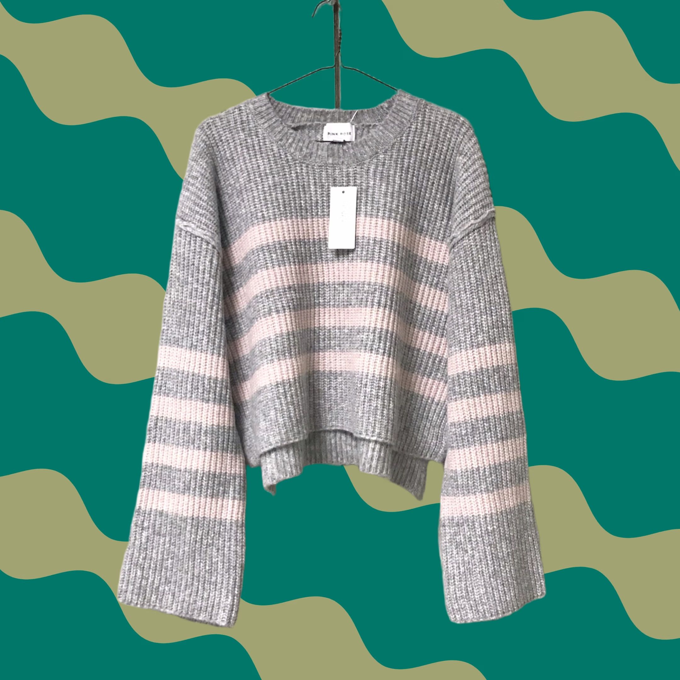 Vintage Pink Rose Women Gray Striped Rib Knit Crewneck Long Sleeve Cropped Sweater M Size M / US 6-8 / IT 42-44 - 1 Thumbnail