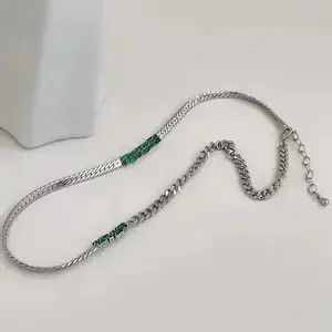 Jewelry Green Stone Chrome Chain Silver Goth God Vibe Necklace Size ONE SIZE - 2 Thumbnail