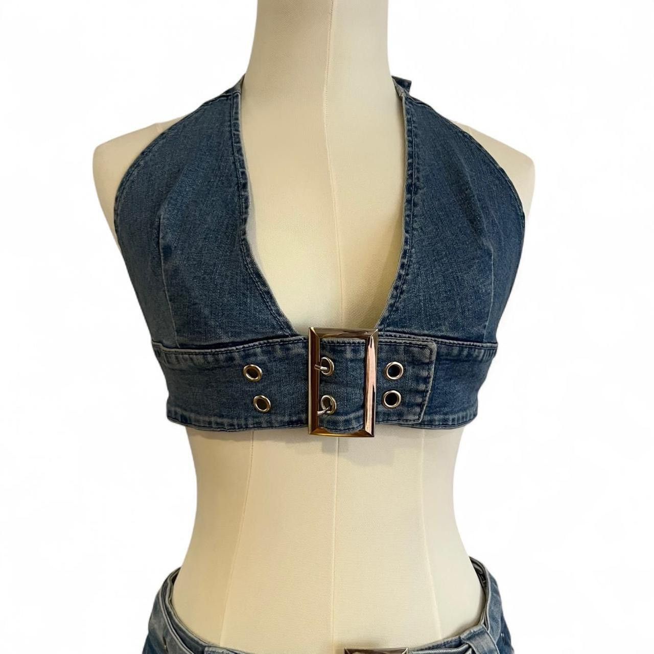 Sugar Y2K outfit Sugar Thrillz denim belted halter top & skirt set Size S / US 4 / IT 40 - 2 Thumbnail