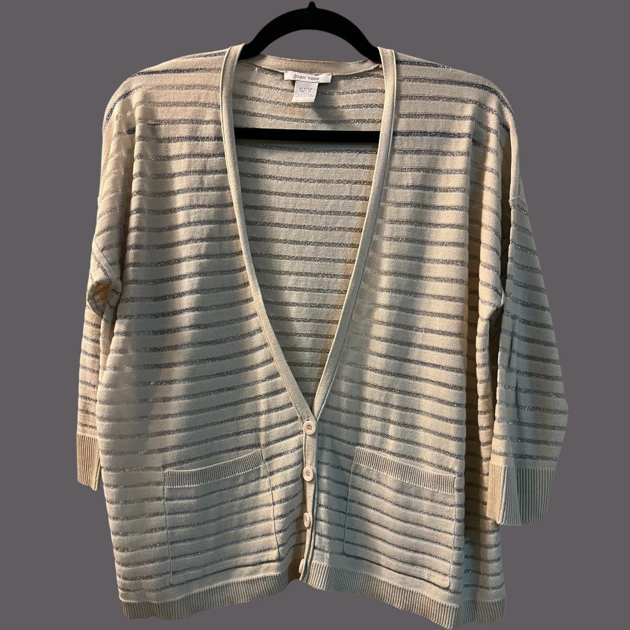 Other Joan Vass Cream Silver Metallic Stripe Lightweight Cardigan Size S / US 4 / IT 40 - 1 Thumbnail