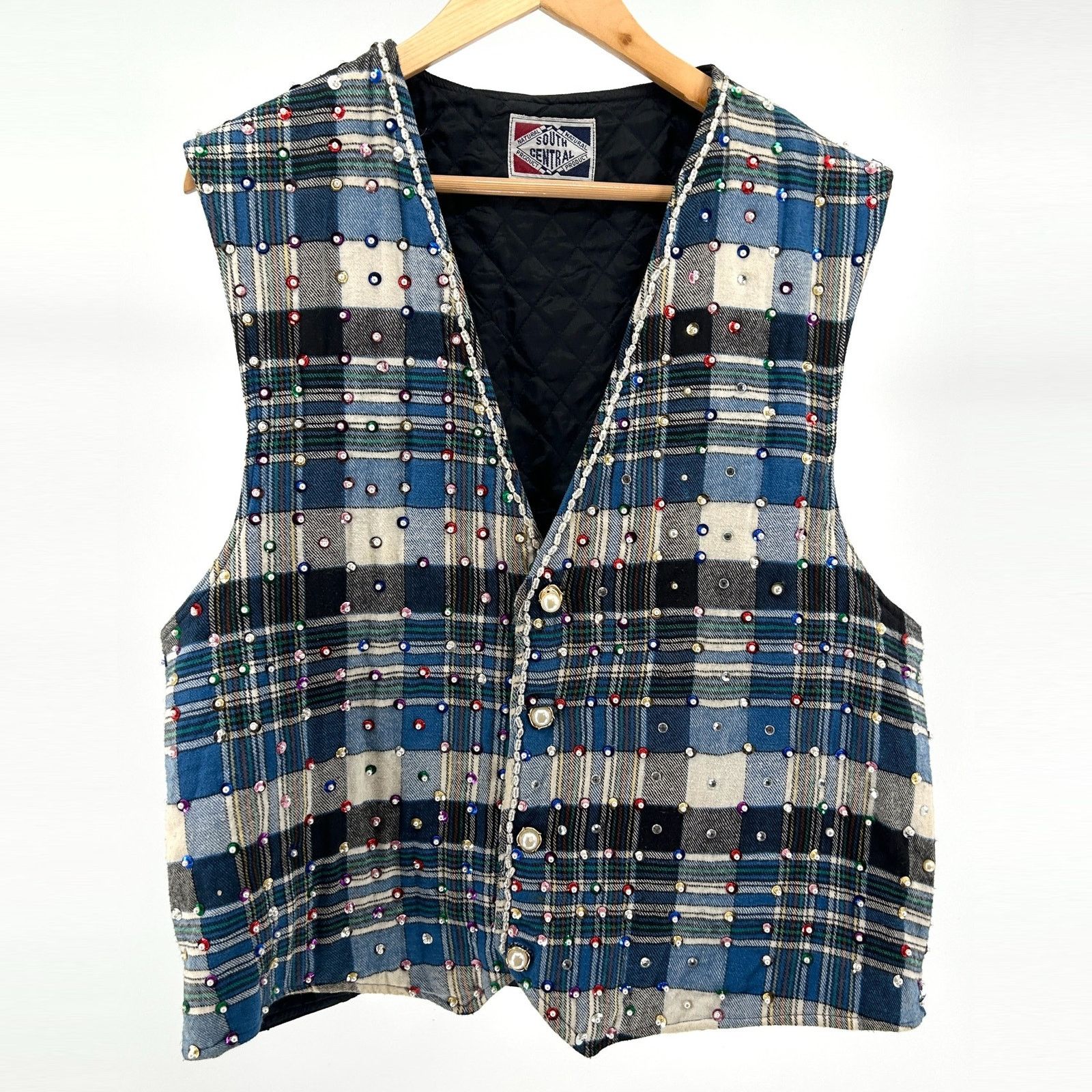 Vintage 90s South Central Blue Plaid Jewel Embellished Flannel Vest Size US L / EU 52-54 / 3 - 1 Thumbnail