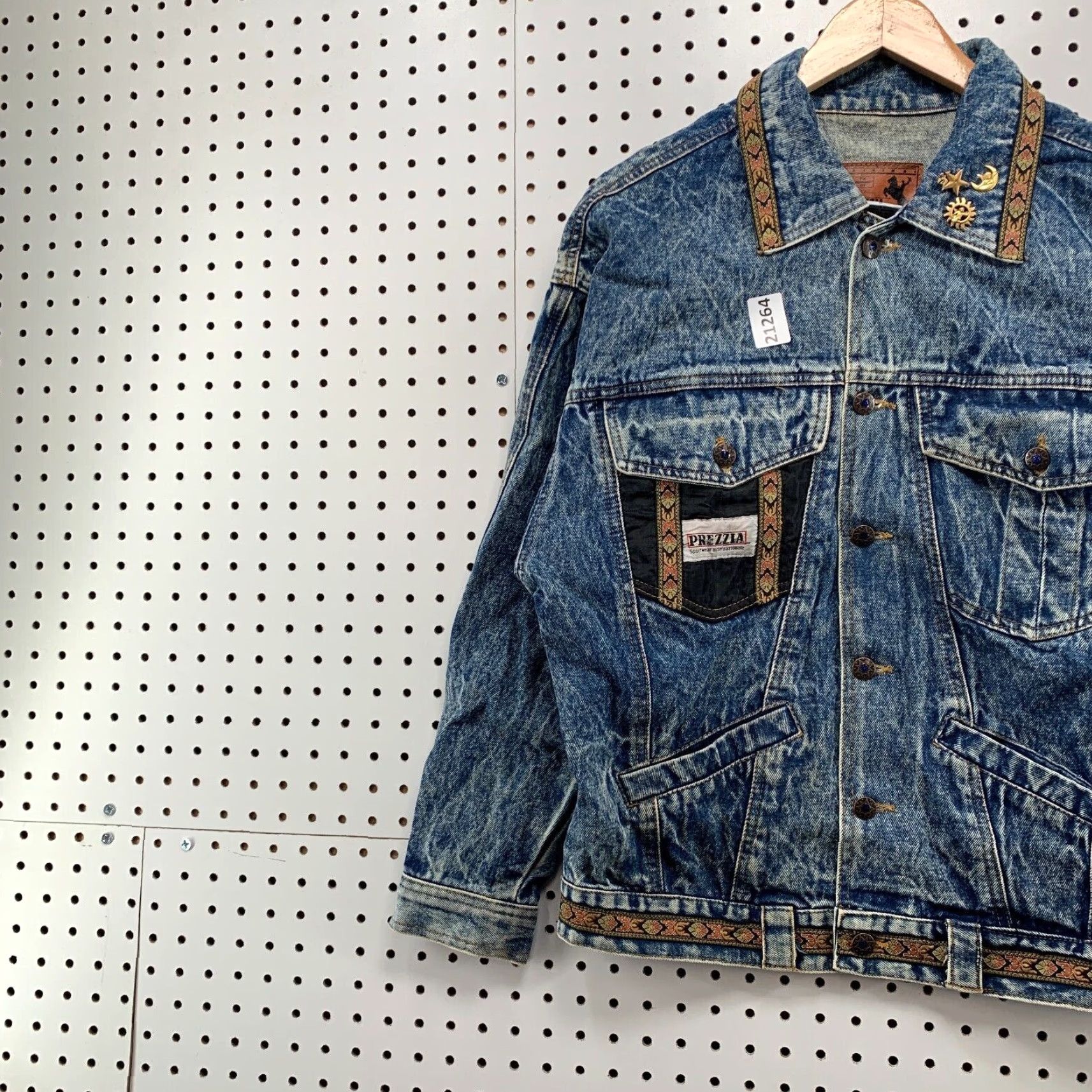 Denime VINTAGE Prezzia Denim Jacket Men Small Blue Cowboy Aztec Western Trucker 21x27 Size US 29 - 3 Thumbnail