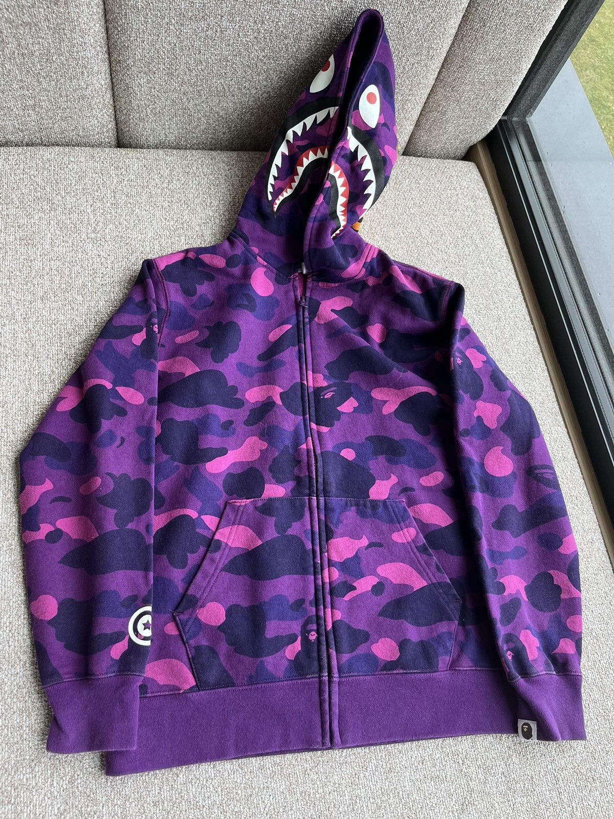 image of Bape Kids Color Camo Shark Full Zip Hoodie in Purple (Size XS)