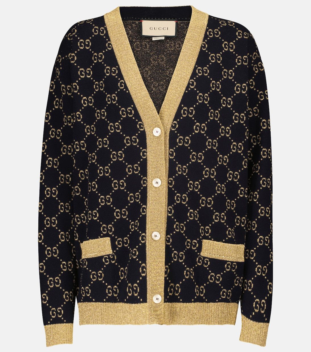 image of Gucci Blue/gold GG Supreme Lurex And Cotton Knit Cardigan in Navy, Women's (Size Medium)