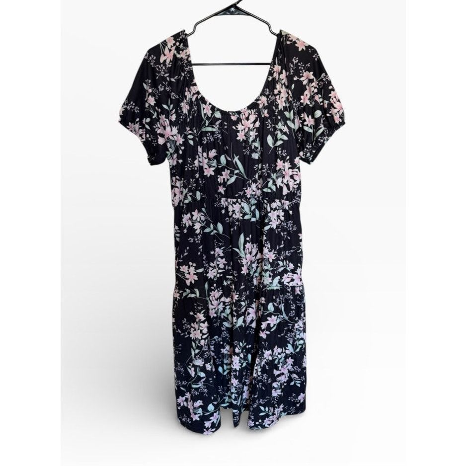 Other Black Pink Floral Short Sleeve Round Neck Shirred Dress Size L / US 10 / IT 46 - 7 Thumbnail