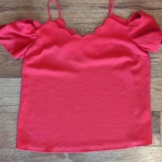 Vintage Red Scalloped Cold Shoulder Blouse Top Short Sleeve Feminine Coquette Romantic Size M / US 6-8 / IT 42-44 - 2 Thumbnail