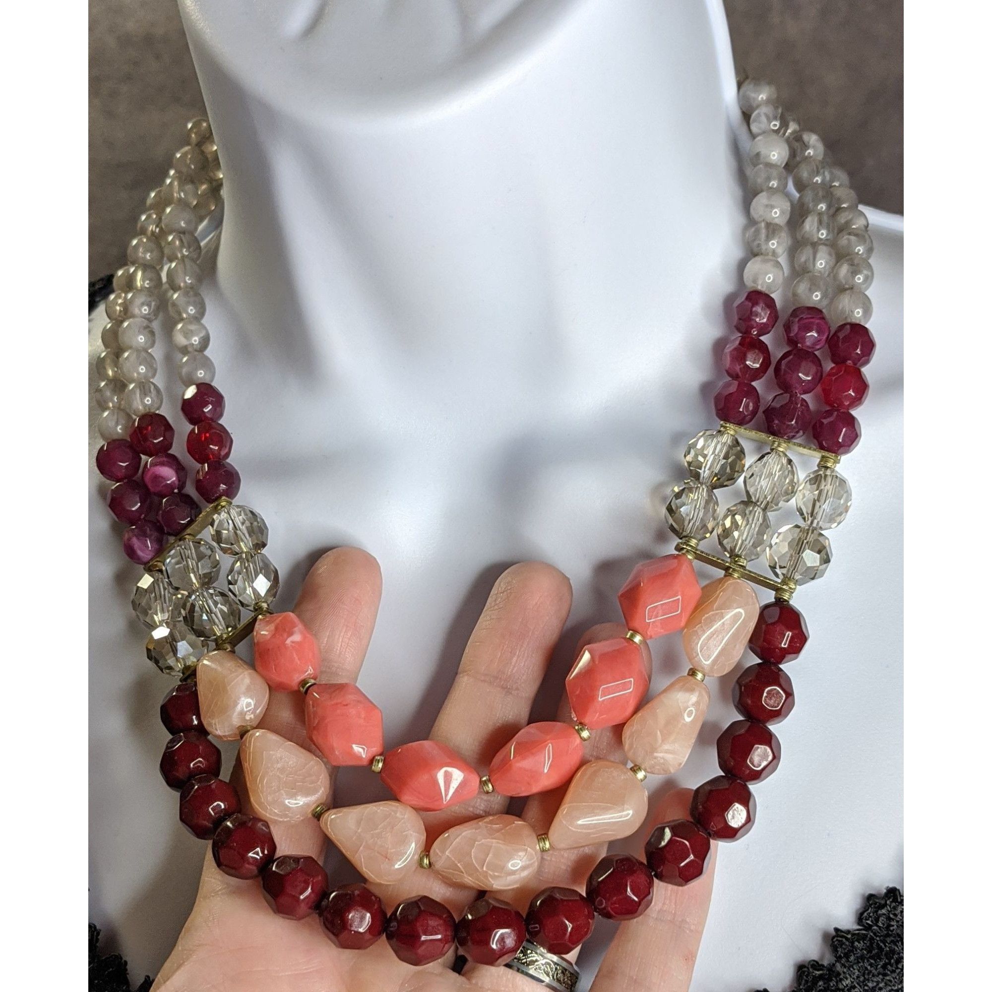 Other Red Pink And Clear Multi-Strand Beaded Statement Necklace Size ONE SIZE - 5 Thumbnail