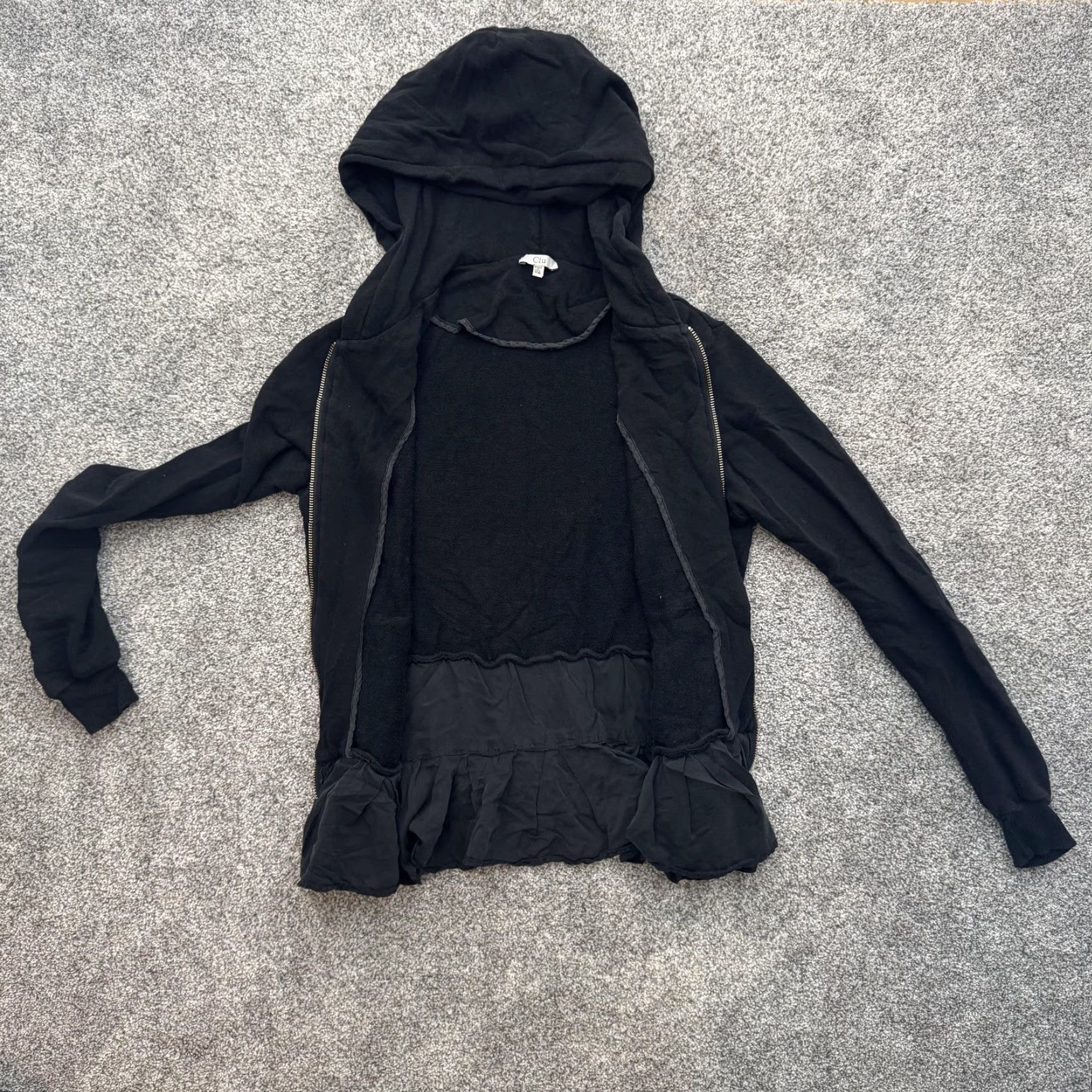 Vintage Clu Hoodie Womens XS Black Ruffle Hem Full Zip Hooded Jacket Made USA Silk Blend Size XS / US 0-2 / IT 36-38 - 6 Thumbnail