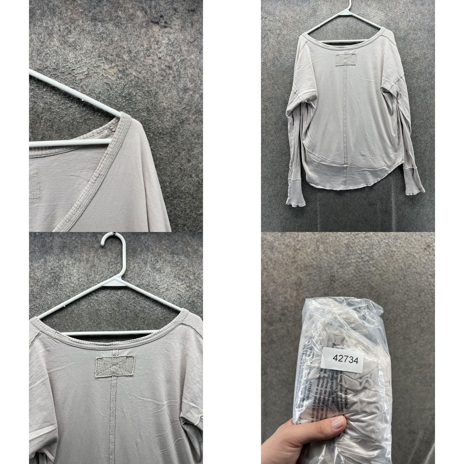 Free People We The Free Shirt Women Large Gray V Neck Long Sleeve Ruffle Cuff Jersey T-Shirt Size L / US 10 / IT 46 - 8 Thumbnail