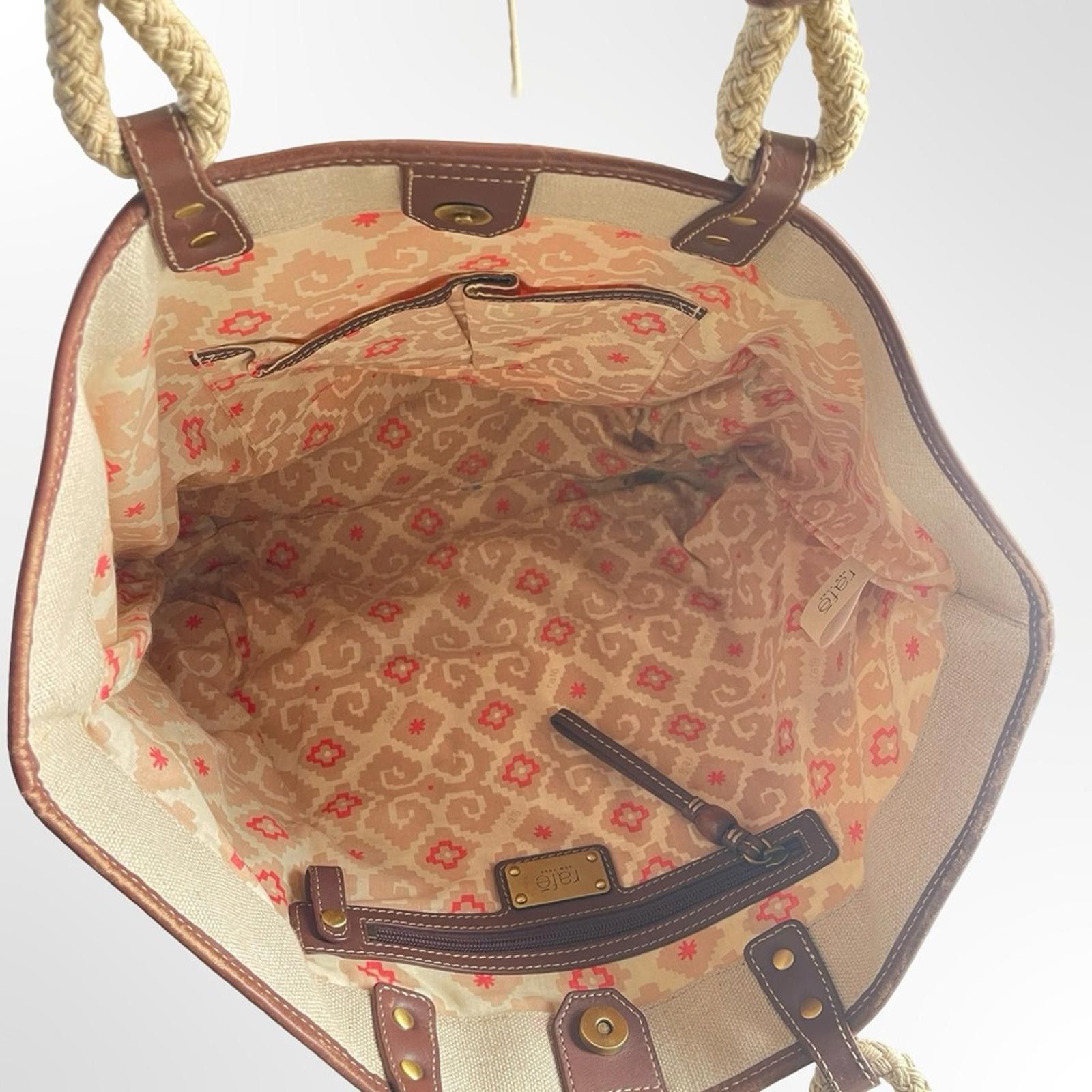 Other Rafe NY Canvas Tote Bag with Orange Ikat Panel & Brown Trim Size ONE SIZE - 4 Thumbnail