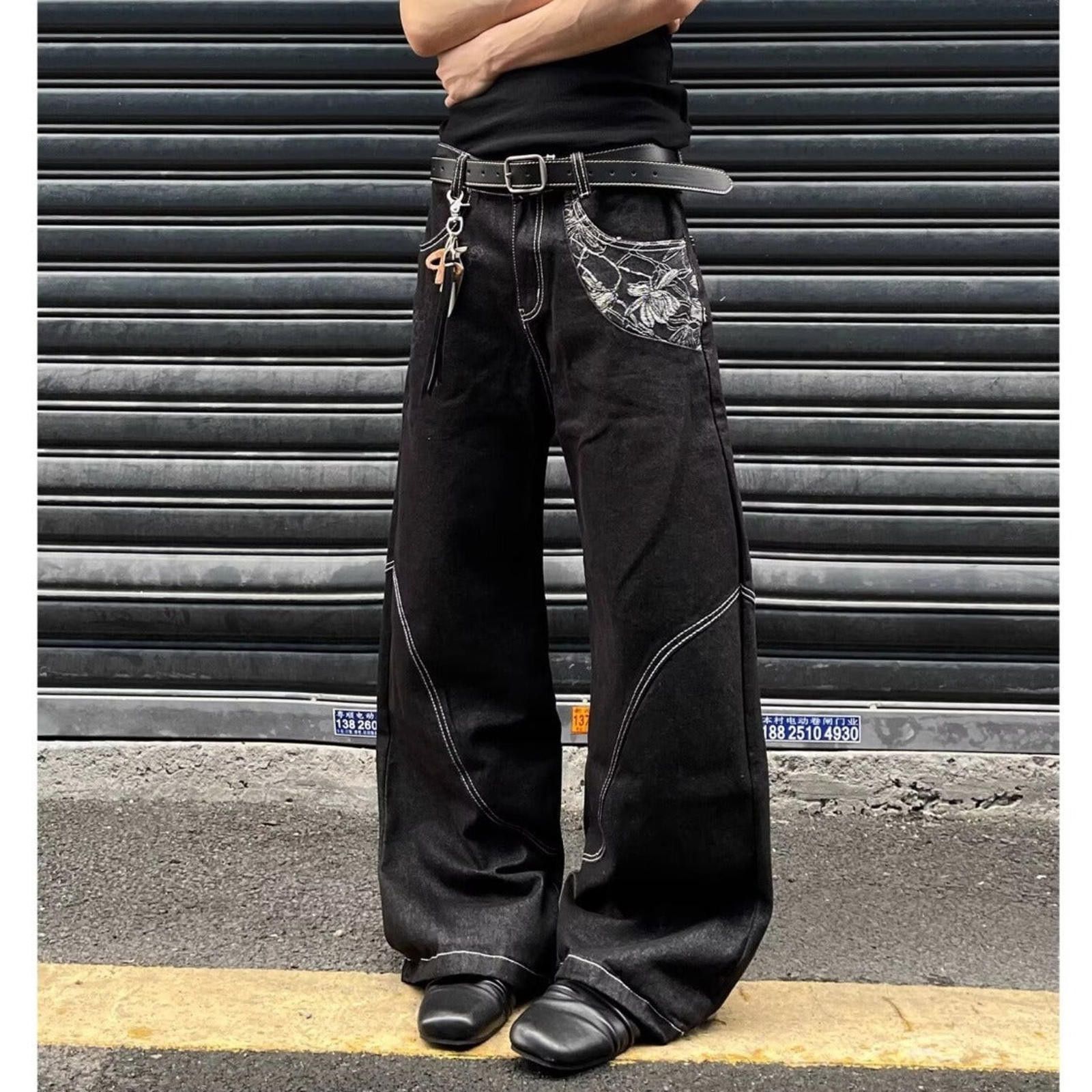 Japanese Brand Black Wide Leg Denim Jeans with Stitch Detail and Patch Size US 30 / EU 46 - 3 Thumbnail