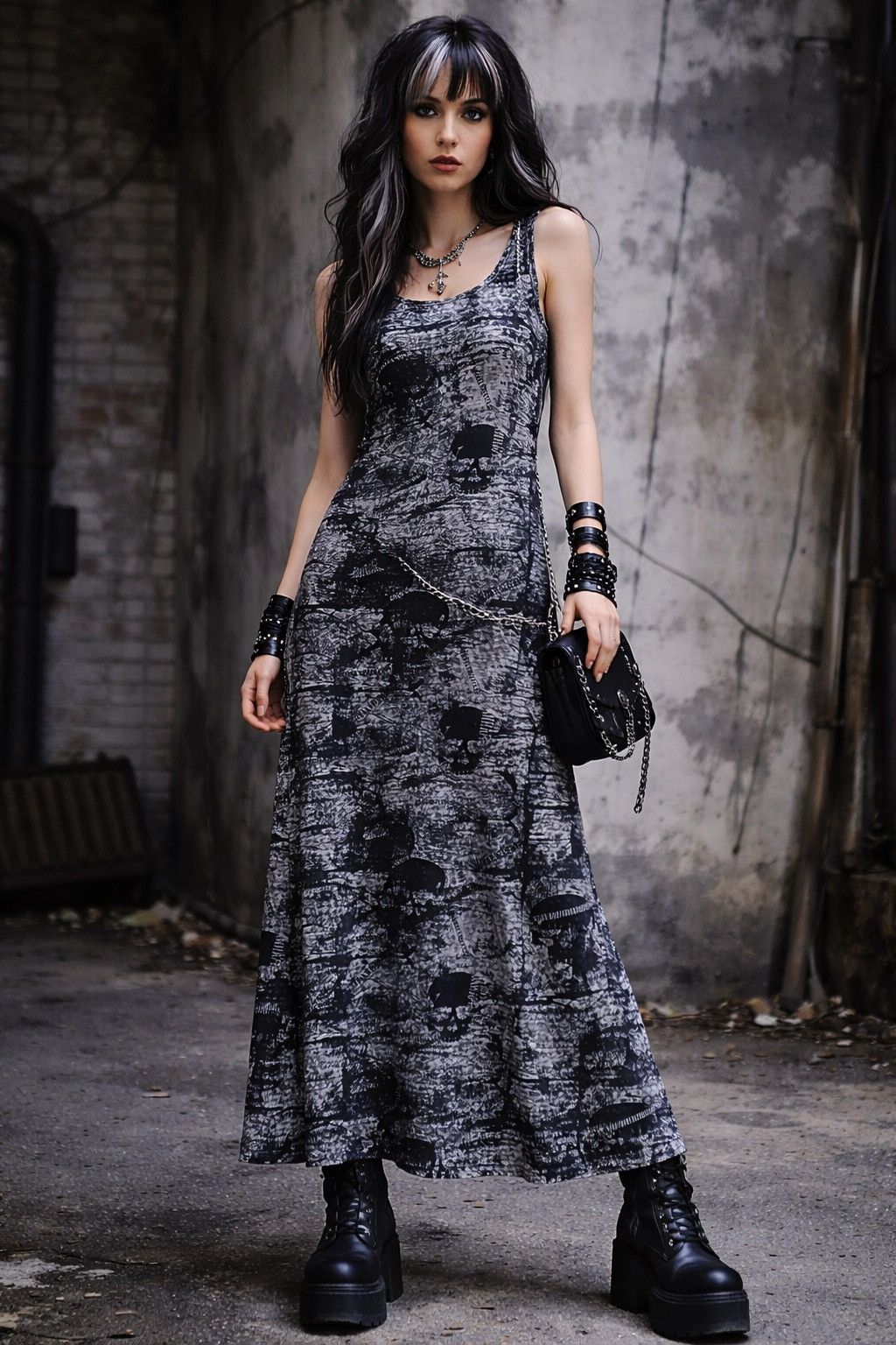 Japanese Brand HEAVEN AND EARTH Grey Skull Print Sleeveless Maxi Dress Size M / US 6-8 / IT 42-44 - 2 Thumbnail