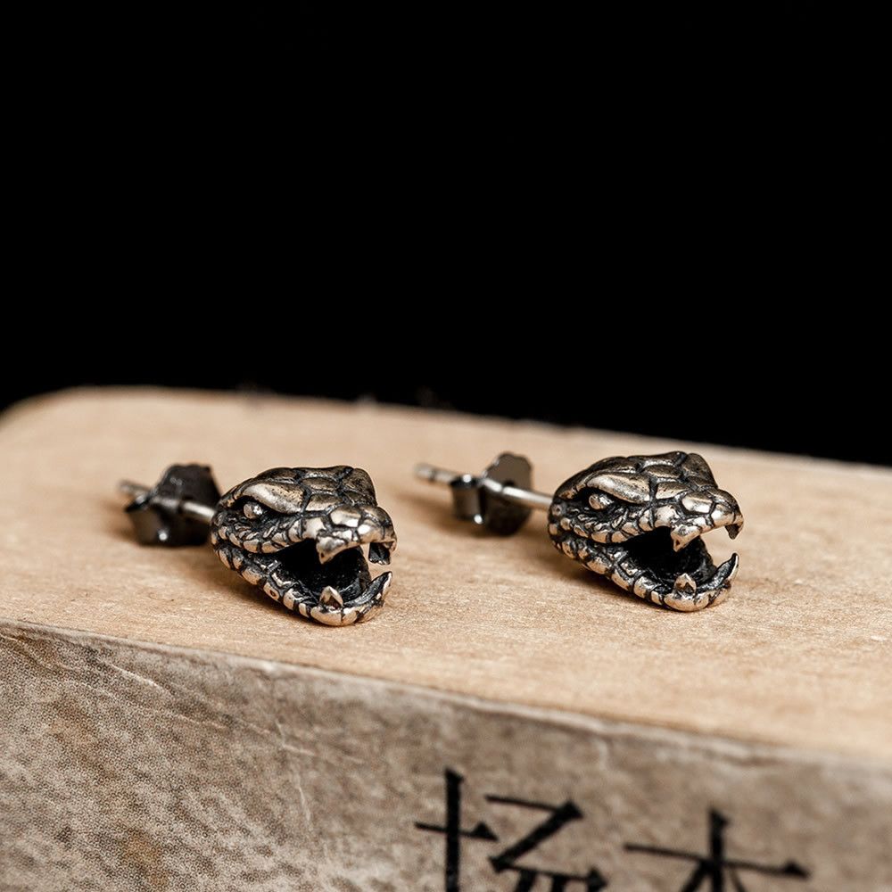 925 Silver x Diamond Earrings Snake Punk Earrings One Pairs Chrome Jewelry in Silver, Men's