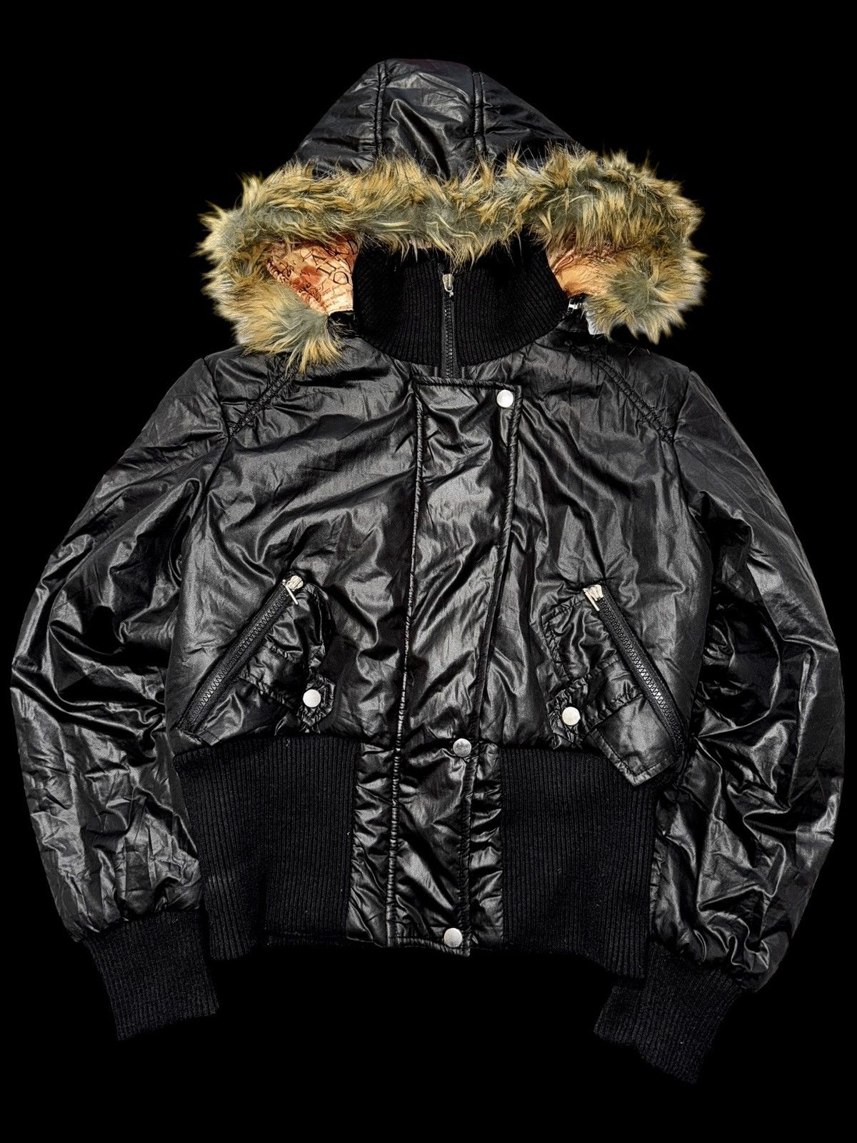 Other Black Hooded Bomber Jacket with Faux Fur Y2K Skinny Size L / US 10 / IT 46 - 1 Thumbnail