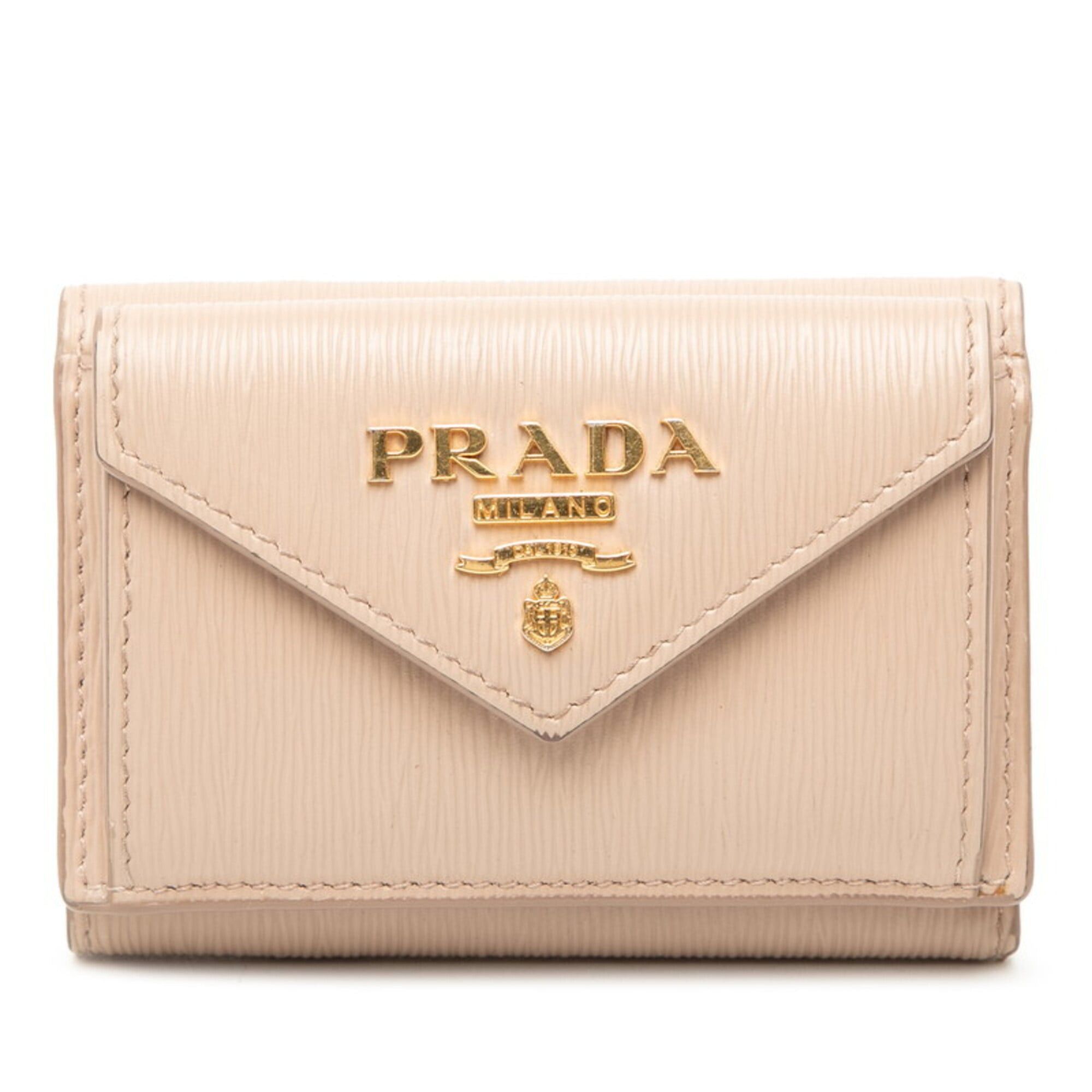 Prada Prada Logo Compact Wallet Tri-fold 1MH021 Beige Saffiano Leather Women's PRADA Size ONE SIZE - 1 Thumbnail