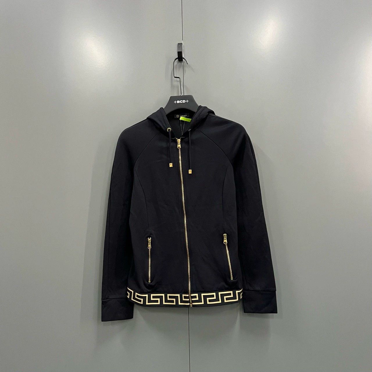 versace black gold printed hooded jacket