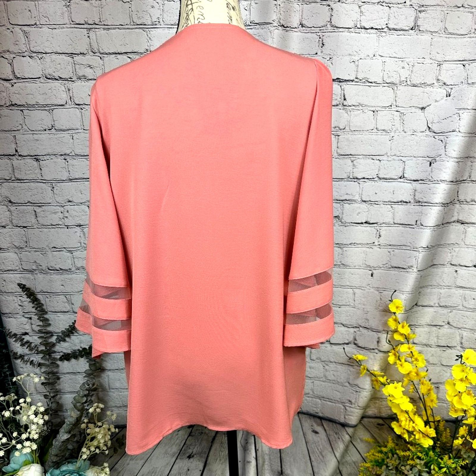 Other Casual V Neck 3/4 Bell Sleeve Mesh Panel Blouse Coral XL Size XL / US 12-14 / IT 48-50 - 7 Thumbnail