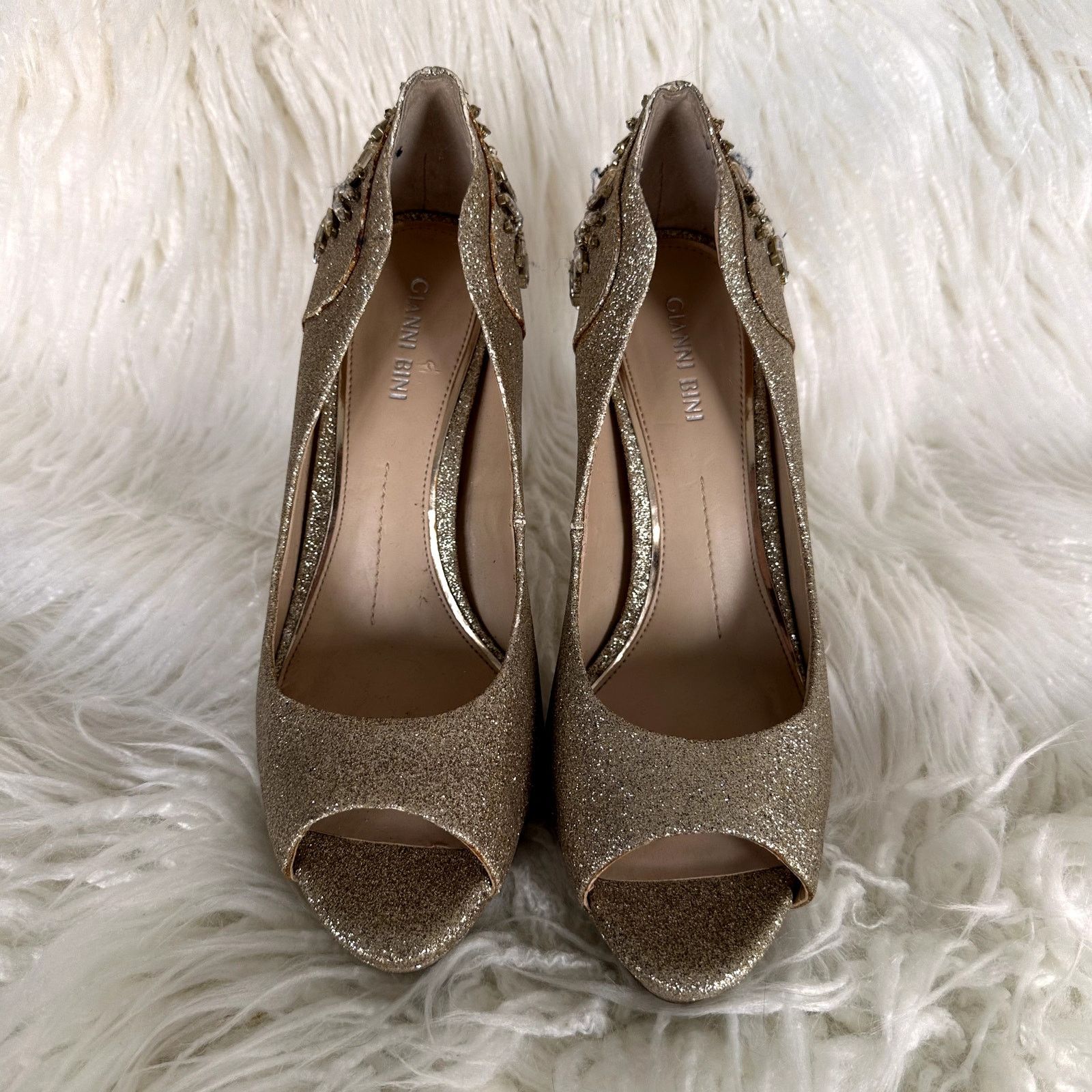 Gianni Valentino Gianni Bini Gold Beaded Bedazzled Glitter Platform Heels 9 Size US 9 / IT 39 - 3 Thumbnail