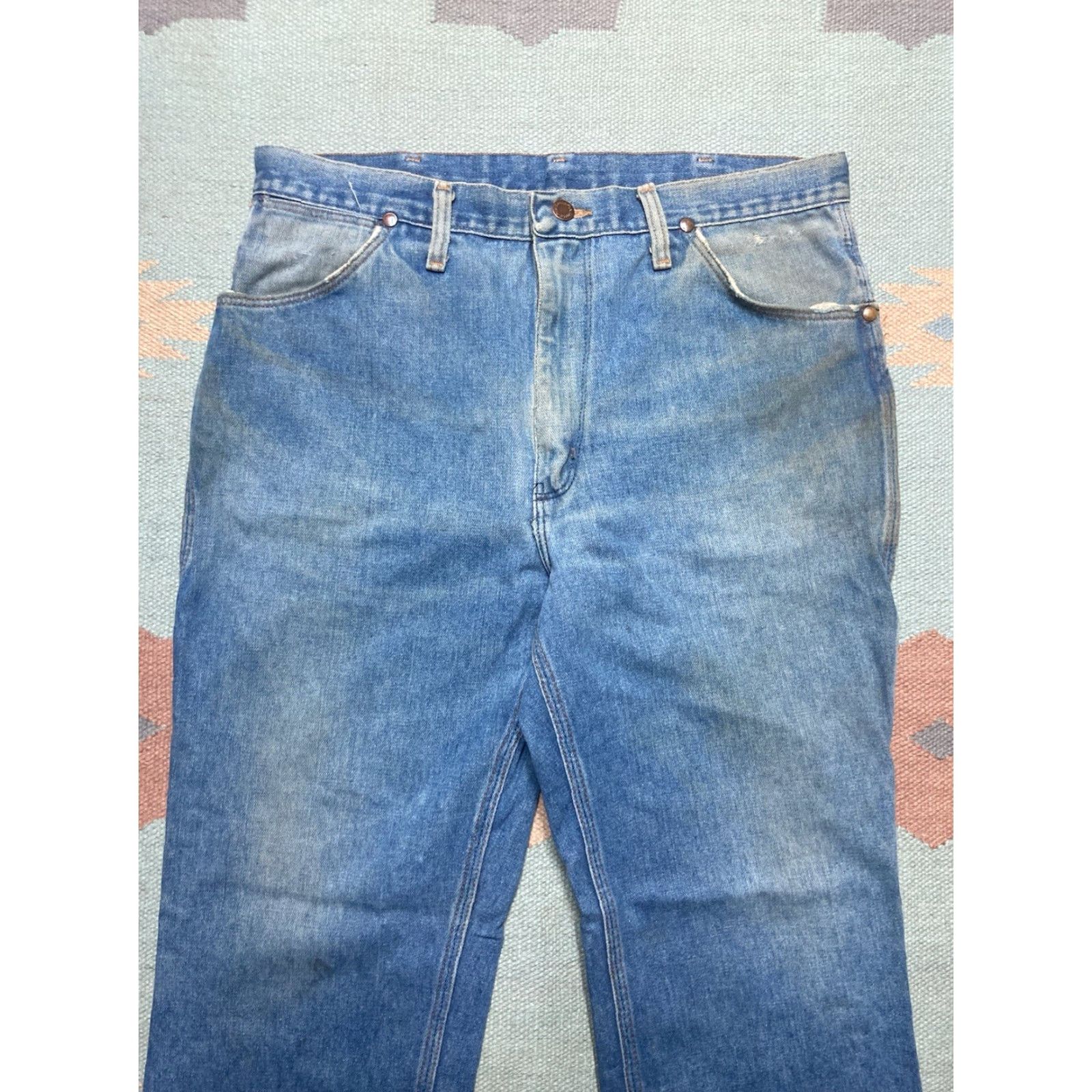 Wrangler VINTAGE Wrangler Jeans Straight Men 34 34x28 Blue Denim Zip Talon 70s Farm Worn Size US 34 / EU 50 - 3 Thumbnail