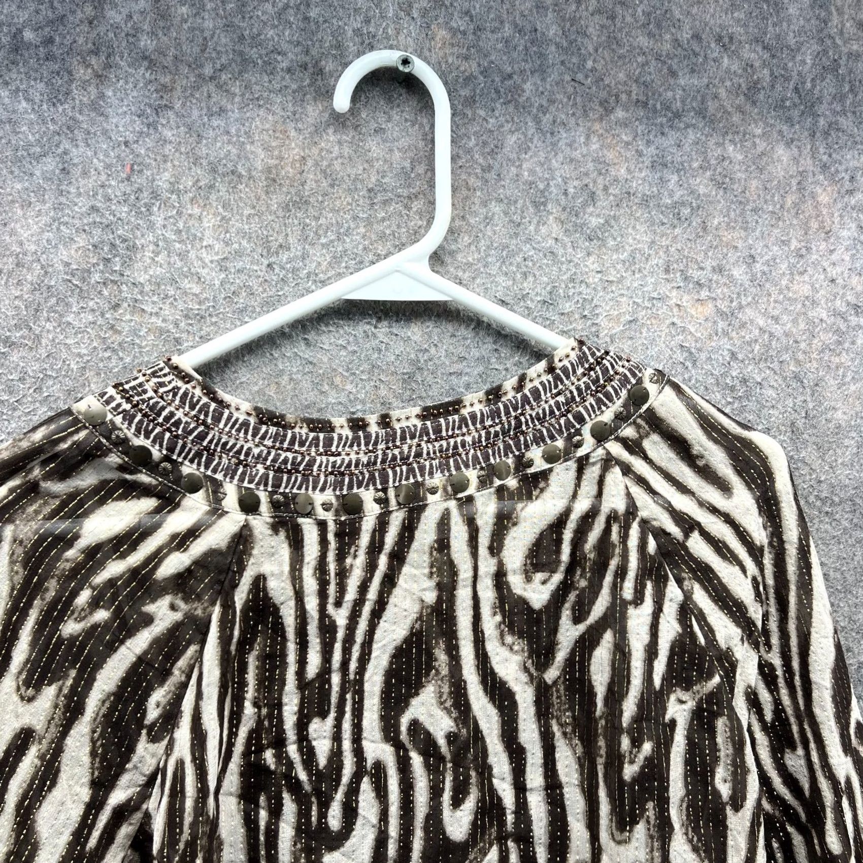 Vintage VINTAGE Chico'S Shirt Womens 1 Brown Dress Zebra Beaded Embellished Silk Metallic Line Size XS / US 0-2 / IT 36-38 - 3 Thumbnail