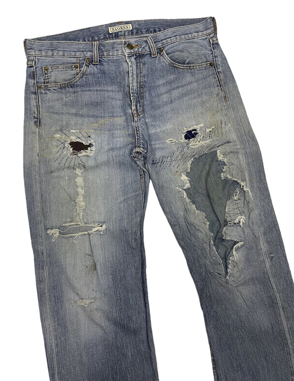 Beauty Beast 🔥DISTRESSED DENIM JEANS RARE SAGRES CRAZY SEW Size US 35 - 1 Thumbnail
