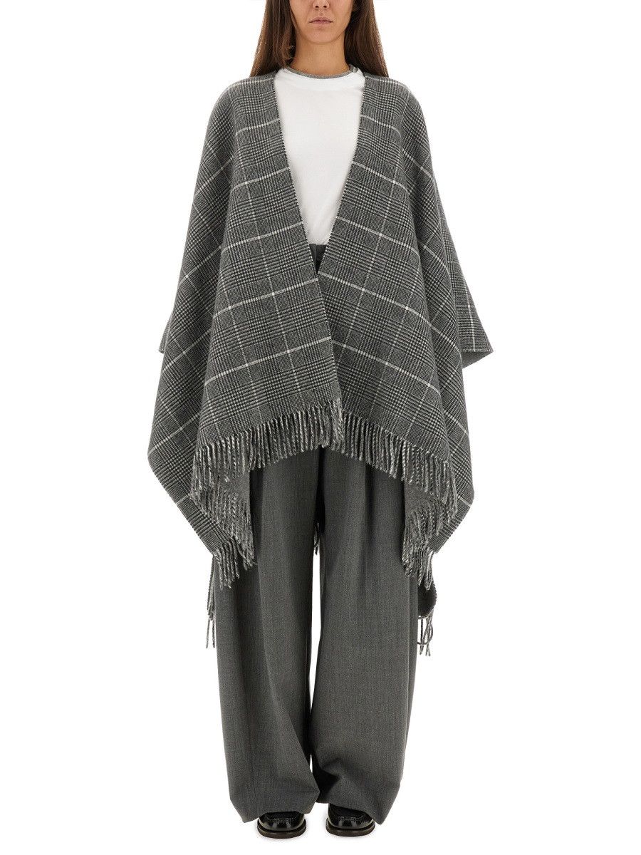 Brunello Cucinelli BRUNELLO CUCINELLI WOOL PONCHO WITH BANGS - GREY Size ONE SIZE - 1 Thumbnail