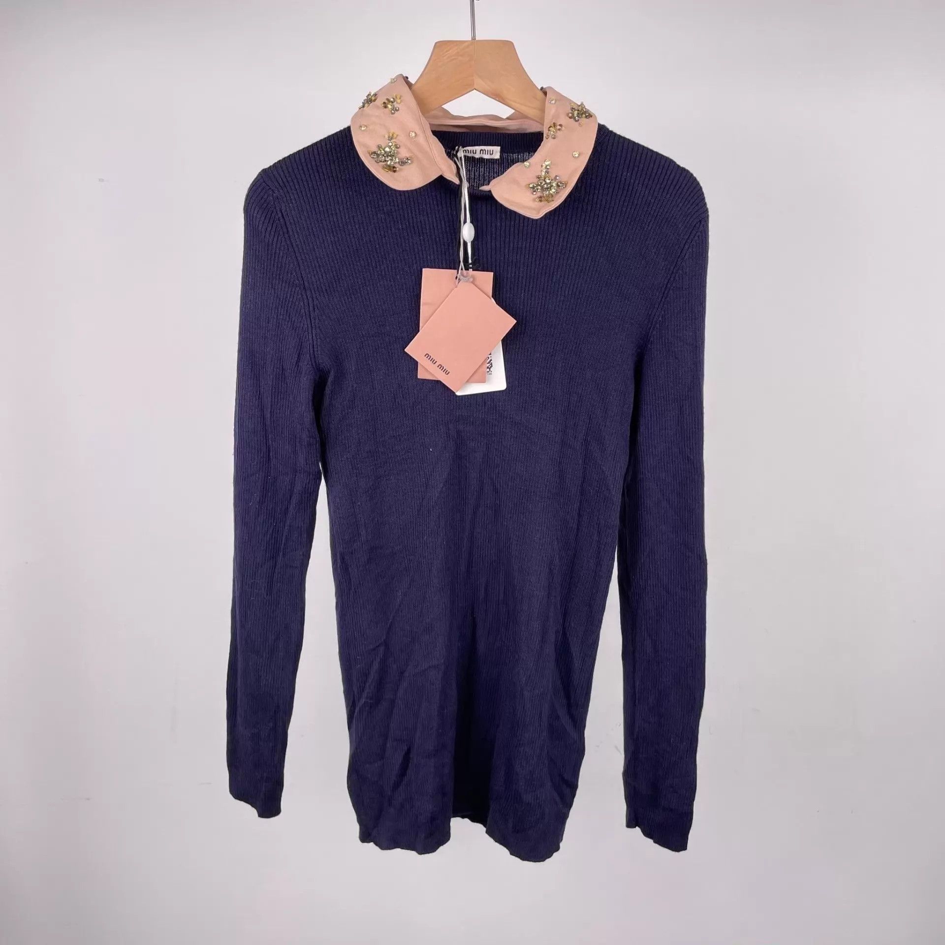 Miu Miu MIU MIU Navy Blue Pink Collar Long Sleeve Sweater Women's Size S / US 4 / IT 40 - 1 Thumbnail