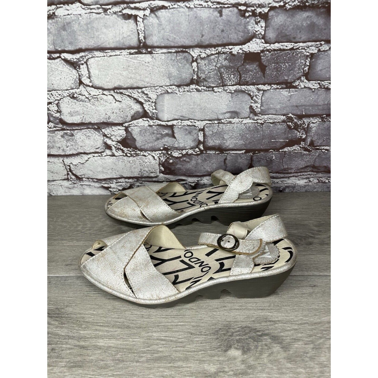 Fly London FLY London Pero Silver Metallic Crackled Peep Toe Wedge Sand Size US 9.5 / IT 39.5 - 12 Thumbnail