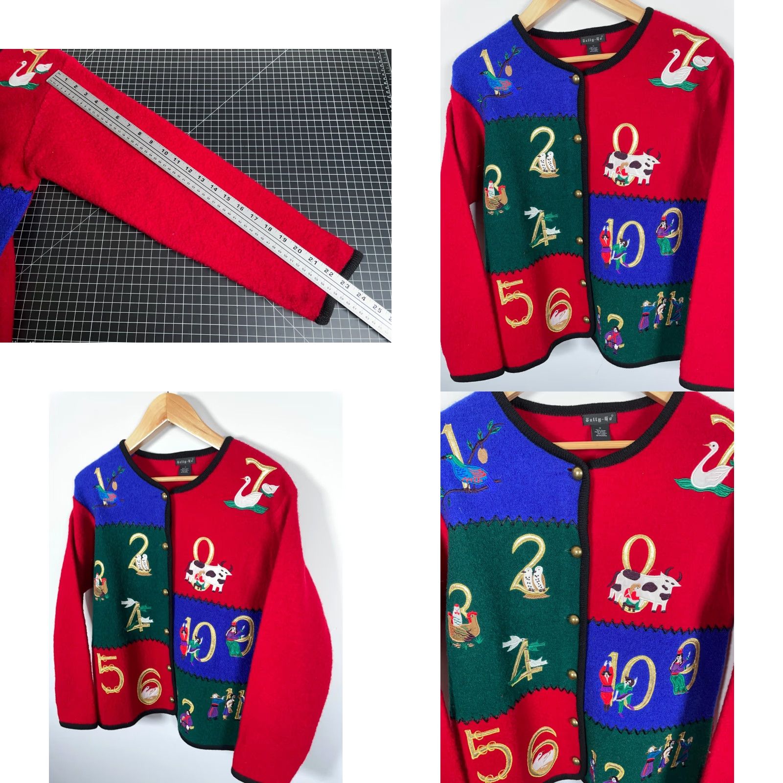 Vintage VINTAGE Tally Ho Sweater Cardigan Women’s Medium Red 12 Days of Christmas 90s Ugly Christmas Santa Crew Neck Long Sleeve Wool Knit Pattern Geometric Size M / US 6-8 / IT 42-44 - 8 Thumbnail