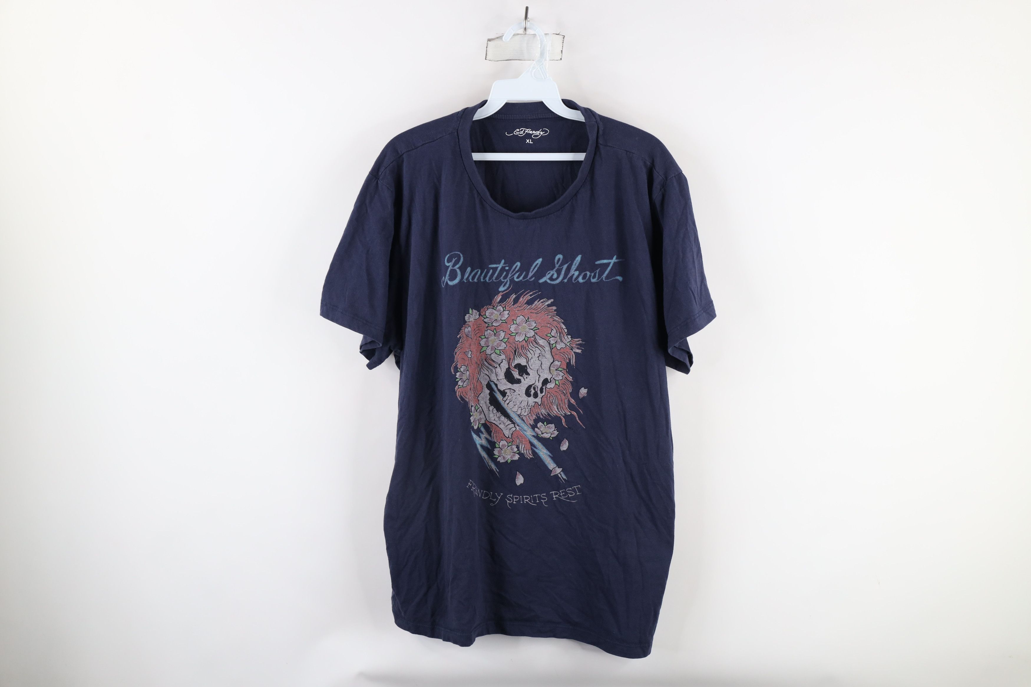 Ed Hardy × Vintage Vintage Ed Hardy Skull Beautiful Ghost T-Shirt Navy Blue Size US XL / EU 56 / 4 - 1 Thumbnail
