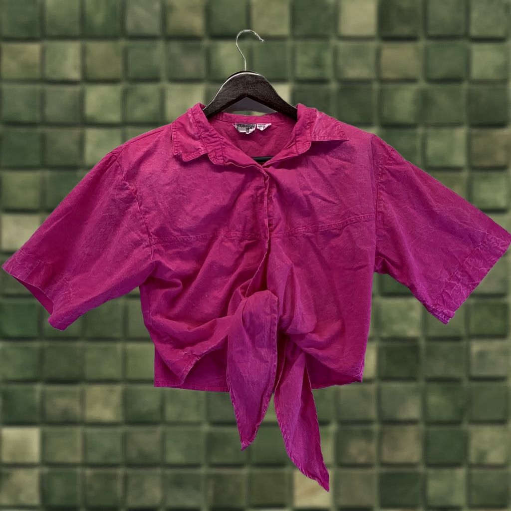 Frame VINTAGE Rame Shirt Womens Crop Tie Front Cotton Top Pink L-7038 1980s 1990s Ladies Size L / US 10 / IT 46 - 1 Thumbnail