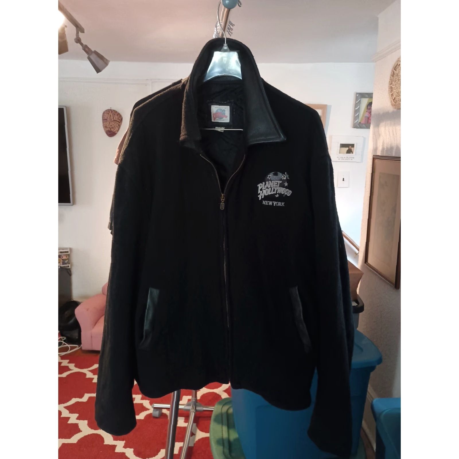 Planet Hollywood VINTAGE Planet Hollywood Wool Coat XL Black Leather Trim 1990s Motorcycle/Biker Made in USA Mens XL Size US XL / EU 56 / 4 - 2 Thumbnail