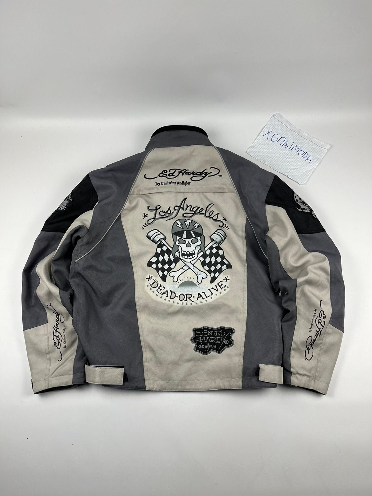 Pre-owned Ed Hardy X Racing Vintage Ed Hardy Moto Biker Racing Jacket Y2k 90's Big Logo In Grey