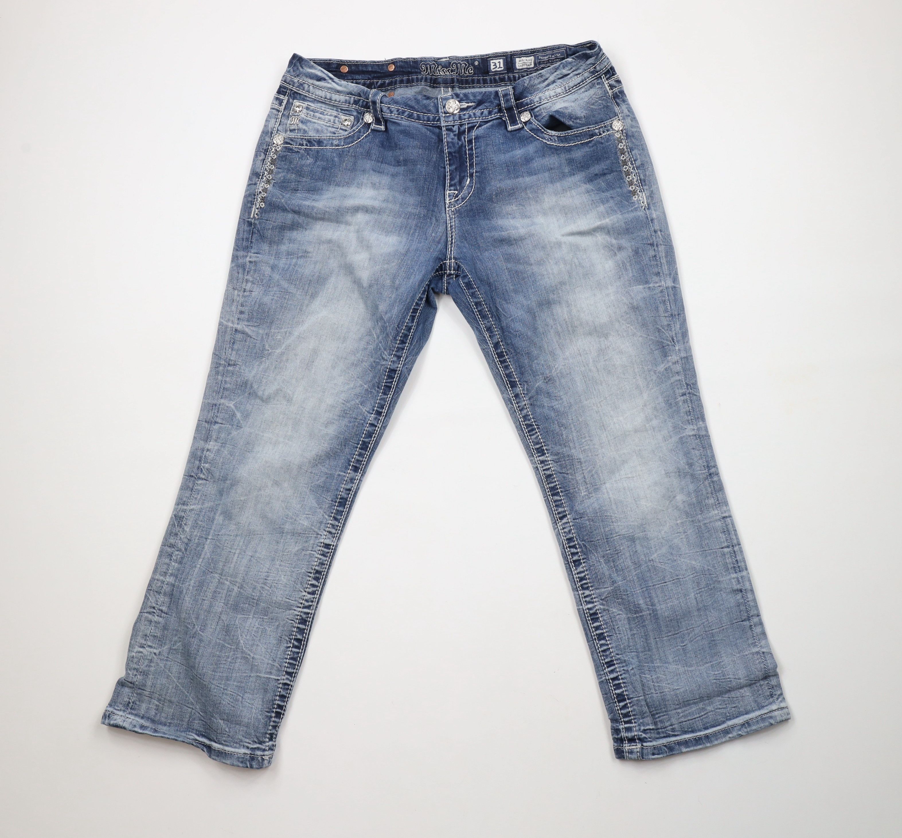 Miss Me × Vintage Miss Me Jeweled Fleur de Lis MMA Mid Rise Cropped Jeans Size 31" - 1 Thumbnail