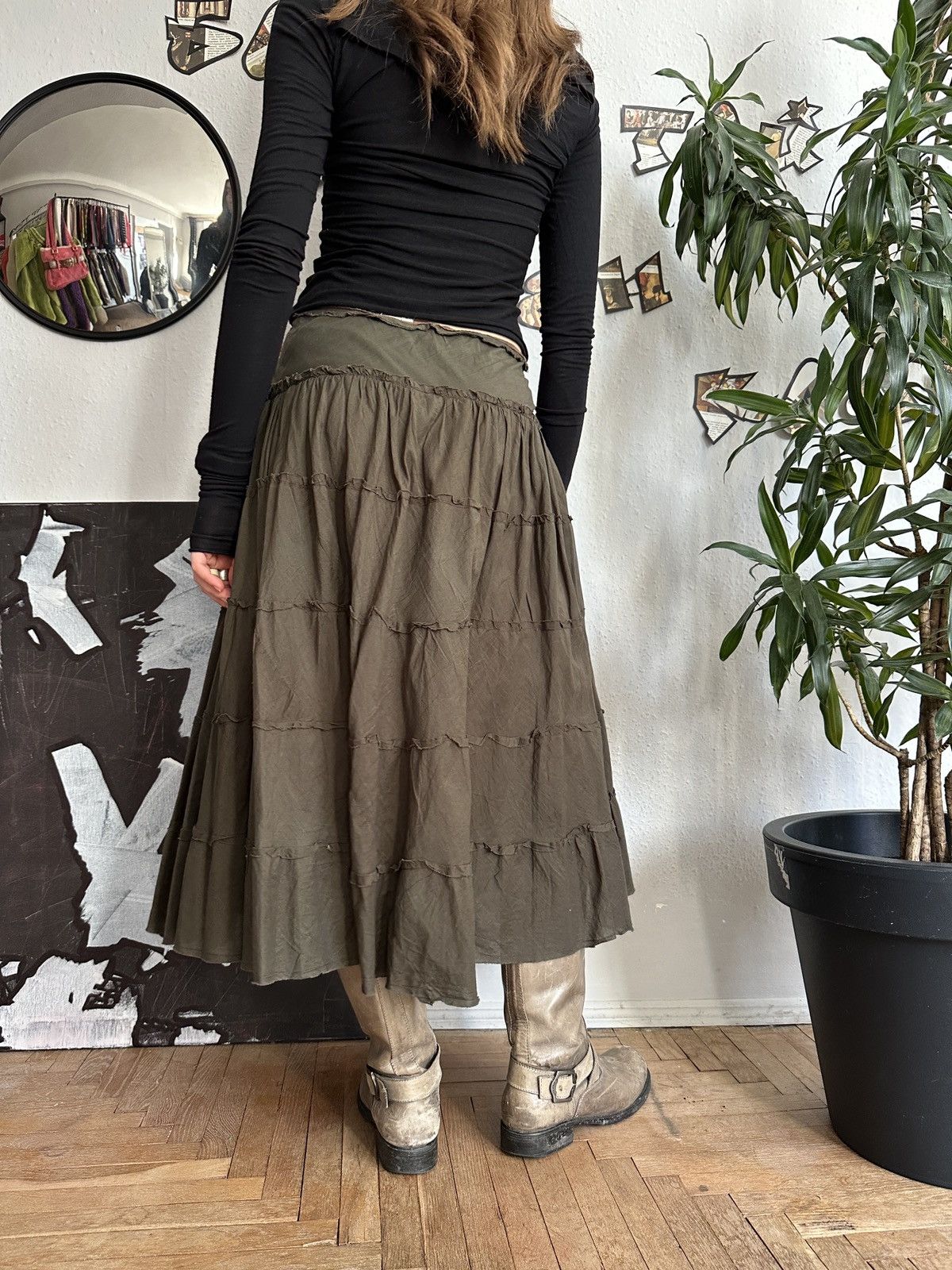 Seditionaries Vintage Boho Fairy Goblin Core Ruffle Khaki Skirt 00s Size 27" / US 4 / IT 40 - 8 Thumbnail