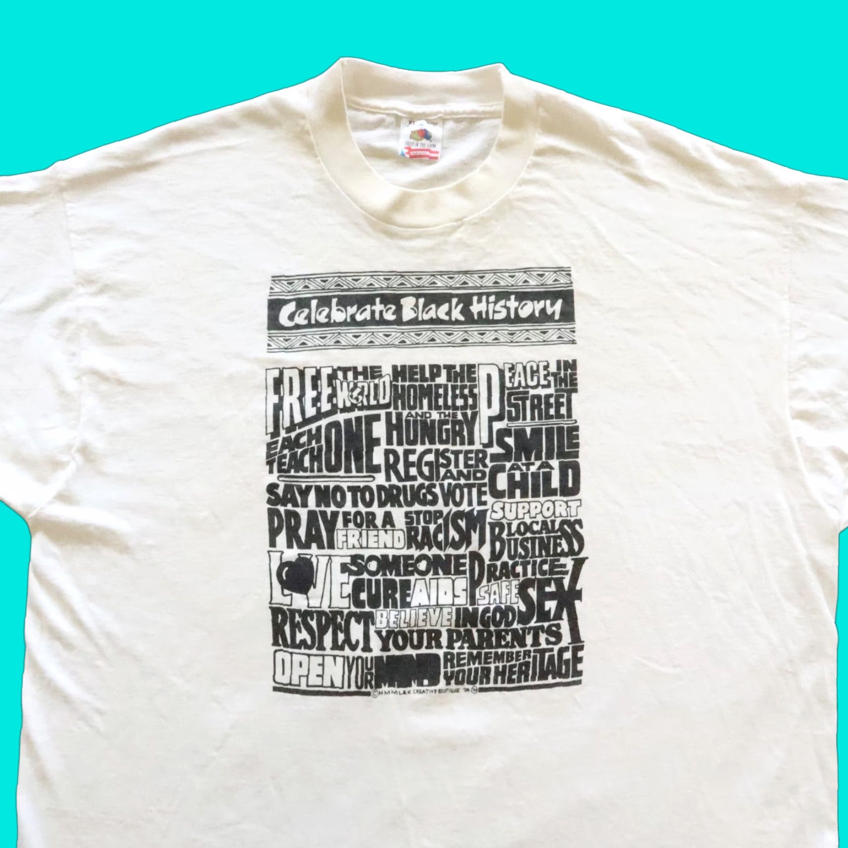 Fruit Of The Loom VINTAGE 1994 Celebrate Black History Creative Boutique Tshirt XL White Mens T-Shirt 90s Size US XL / EU 56 / 4 - 1 Thumbnail