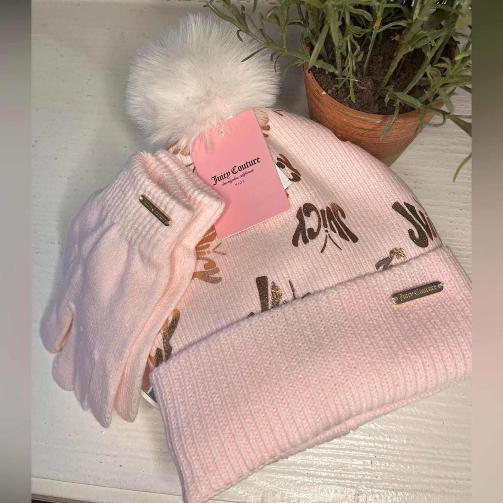 Juicy Couture Jeans Juicy Couture Baby Pink Beanie Pom Pom Hat And Glove Set NWT Size ONE SIZE - 1 Thumbnail