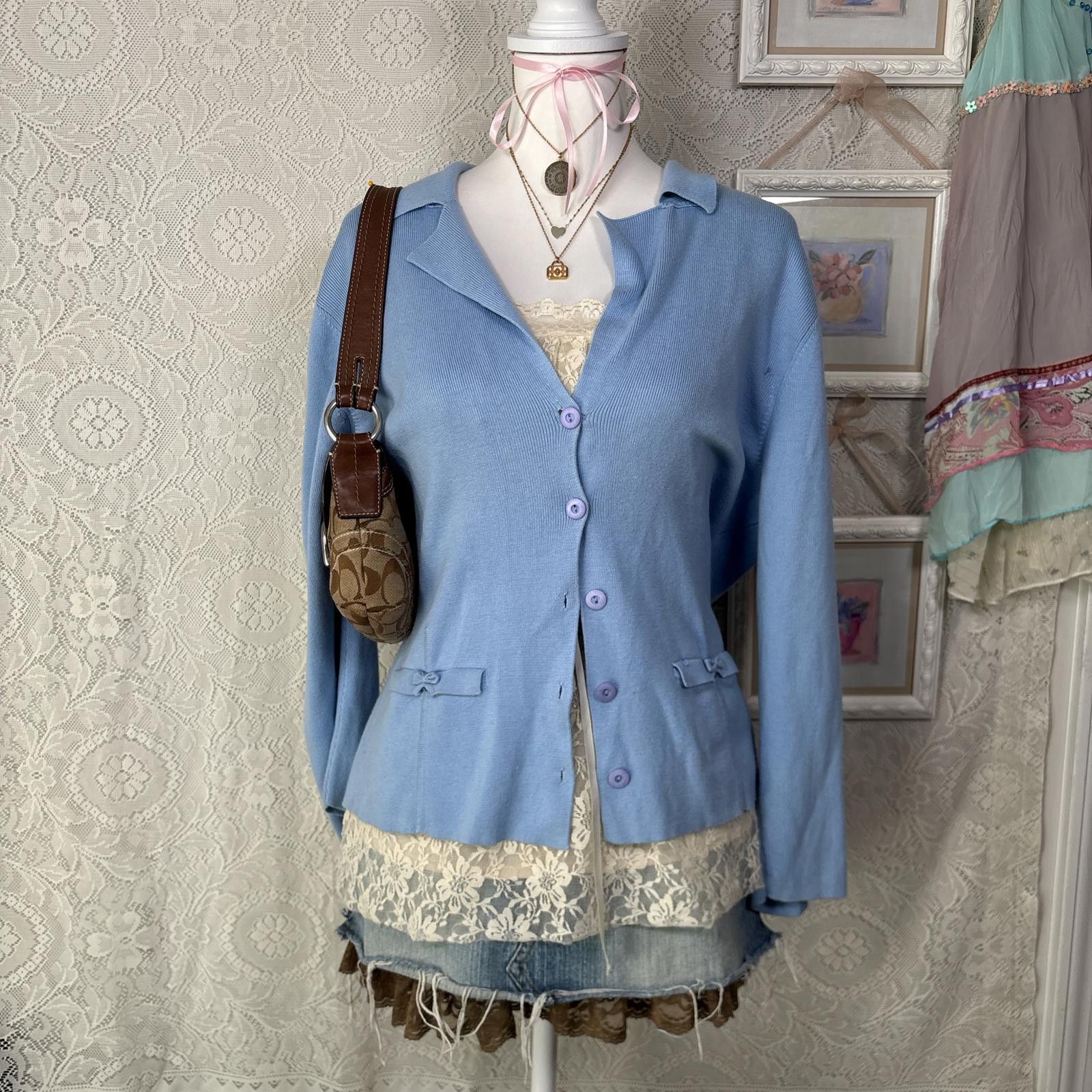 Other vintage cottage core blue bow cardigan Size L / US 10 / IT 46 - 1 Thumbnail