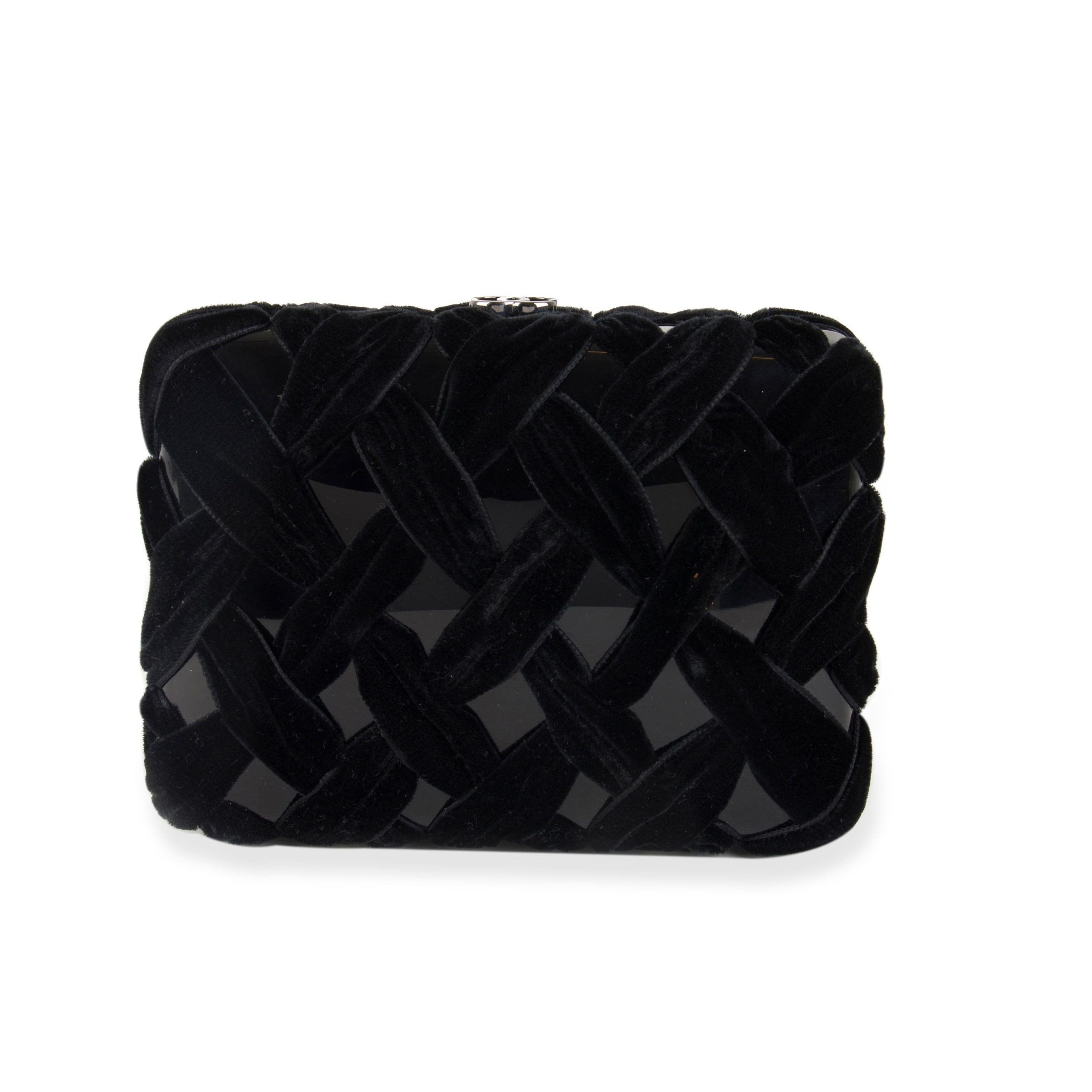 image of Chanel Black Velvet & Resin Box Clutch With Chain, Women's